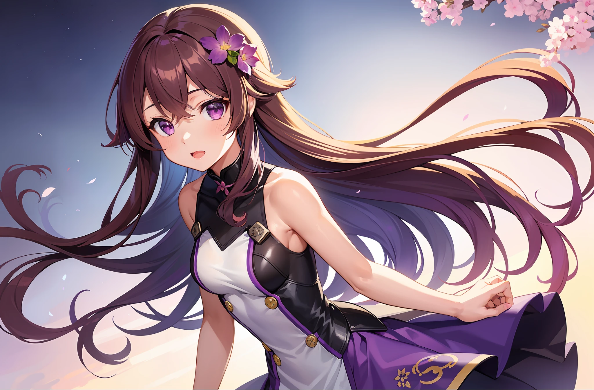 1 girl, solo, Kisaragi from Kancolle, standing, detailed eyes, masterpiece, best quality, full body, small breasts, purple eyes, shiny brown hair, purple flower in hair, tall, long hair, hair between eyes, purple spartan from halo, BR55 battle rifle from halo