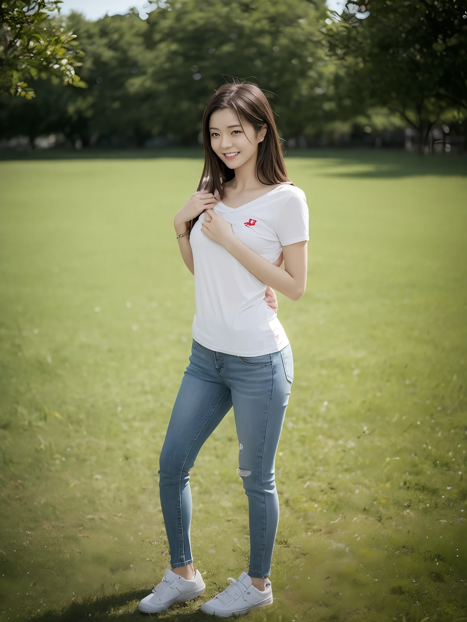 （超高分辨率，RAW photogr，realisticlying，tmasterpiece，best qualtiy：1.4），Complicated details，3个女孩，3 20 year old Korean girl，wears（Navel baring blue T-shirt）and skinny jeans，Stand on the grass and take pictures，hugs，Intimate relationships，Detailed meadow，A sweet smile on a small face，Ultra-realistic facial details，The face and skin are pink and white, and luminous，Playful and coquettish pose，The calves are straight and slender:1.2，Wear high-end brand sneakers:1.0，eventide：0.3，Broad lighting，naturalshadow：1.0，超高分辨率，taken from behind，Shows a lean waist and hips，taking a full body photo:1.8 --auto