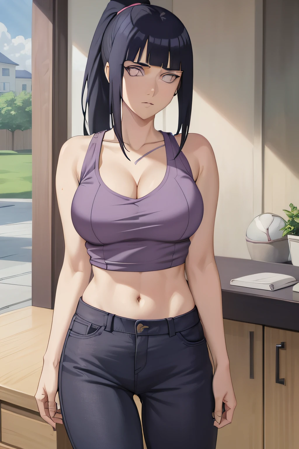 ((masterpiece:1.2, best quality)), hinata/(boruto/),1girl, long hair, dark blue hair, purple eyes, baseball shirt, baseball pants holding a baseball, straight, mature, blunt bangs, medium breast, ponytail, (((busty))), skinny waist, ((cleavage)), bare neck, thighs, (bare collarbone),