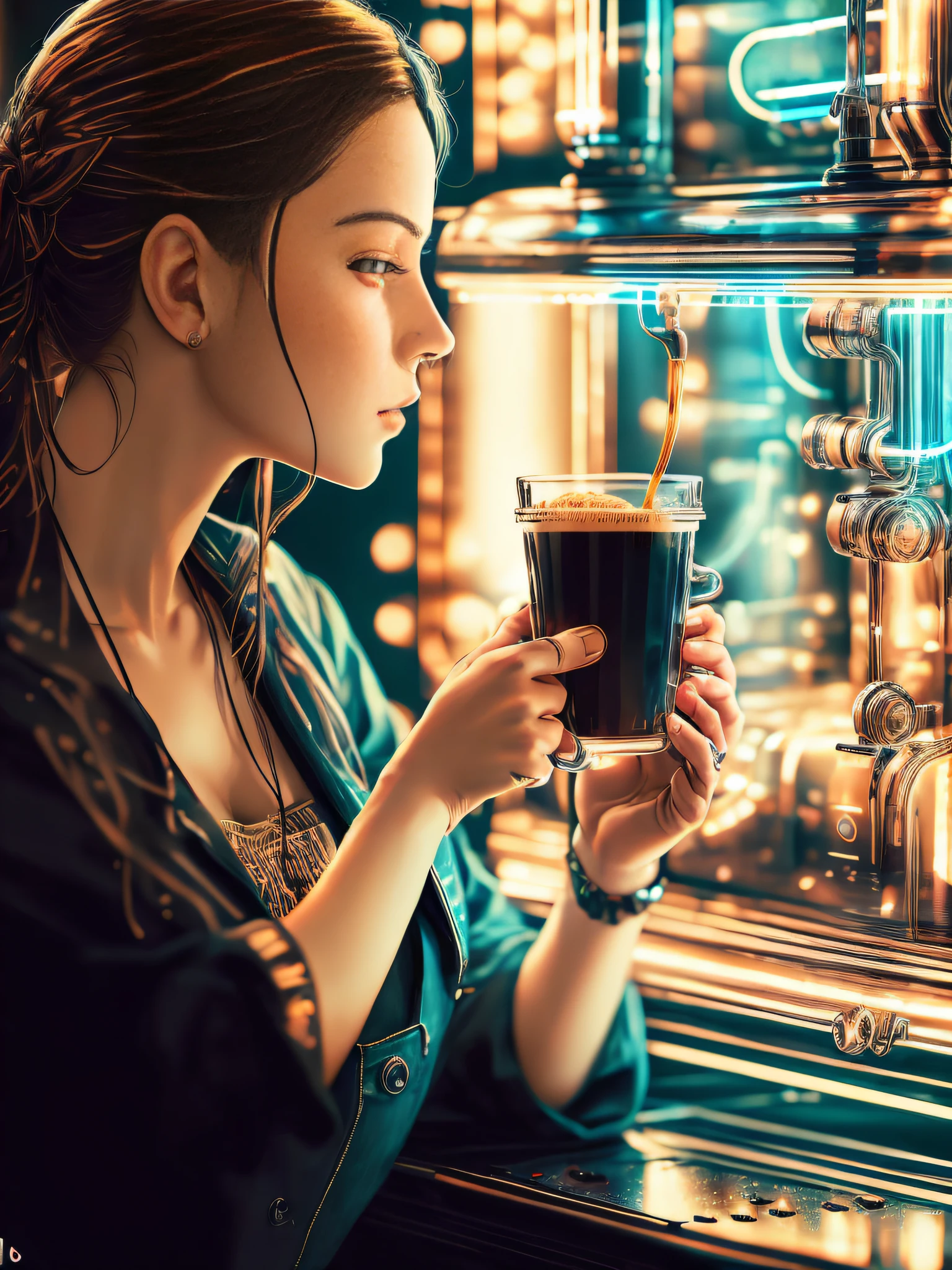 impactful composition, gotejamento (Neon light: 0. 4) (coffee shop: 0. 4) (Thermal I reject: 0. 4) pintura em toda a forma de um ser humano feminino, Woman drinks a coffee, realista, alto detalhe, fundo branco