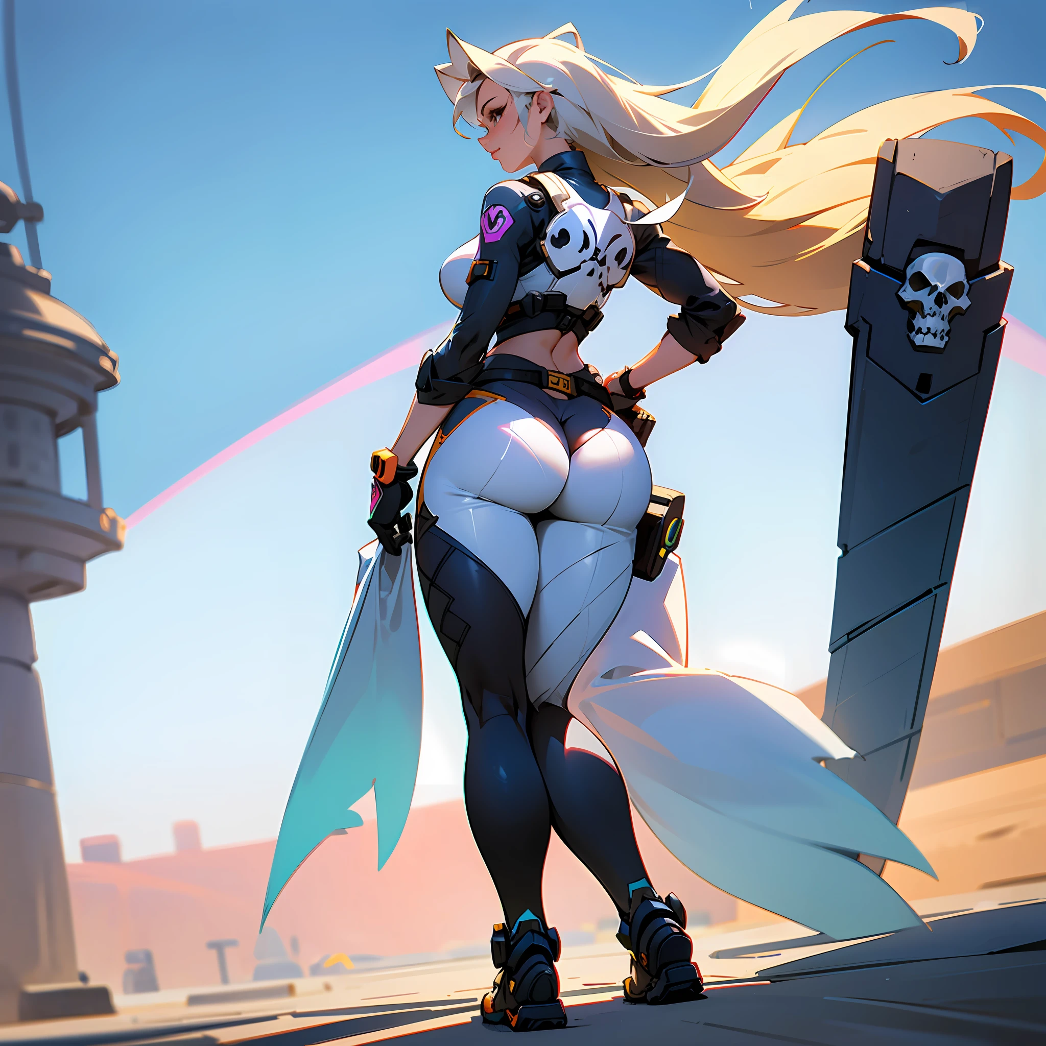 there is a woman walking down a street, from overwatch, curvy accentuated booty, beautiful cowgirl, character is in her natural pose, skulls at her hips, realistic shaded perfect body, realistic cosplay, from behind,(((full body))) --auto