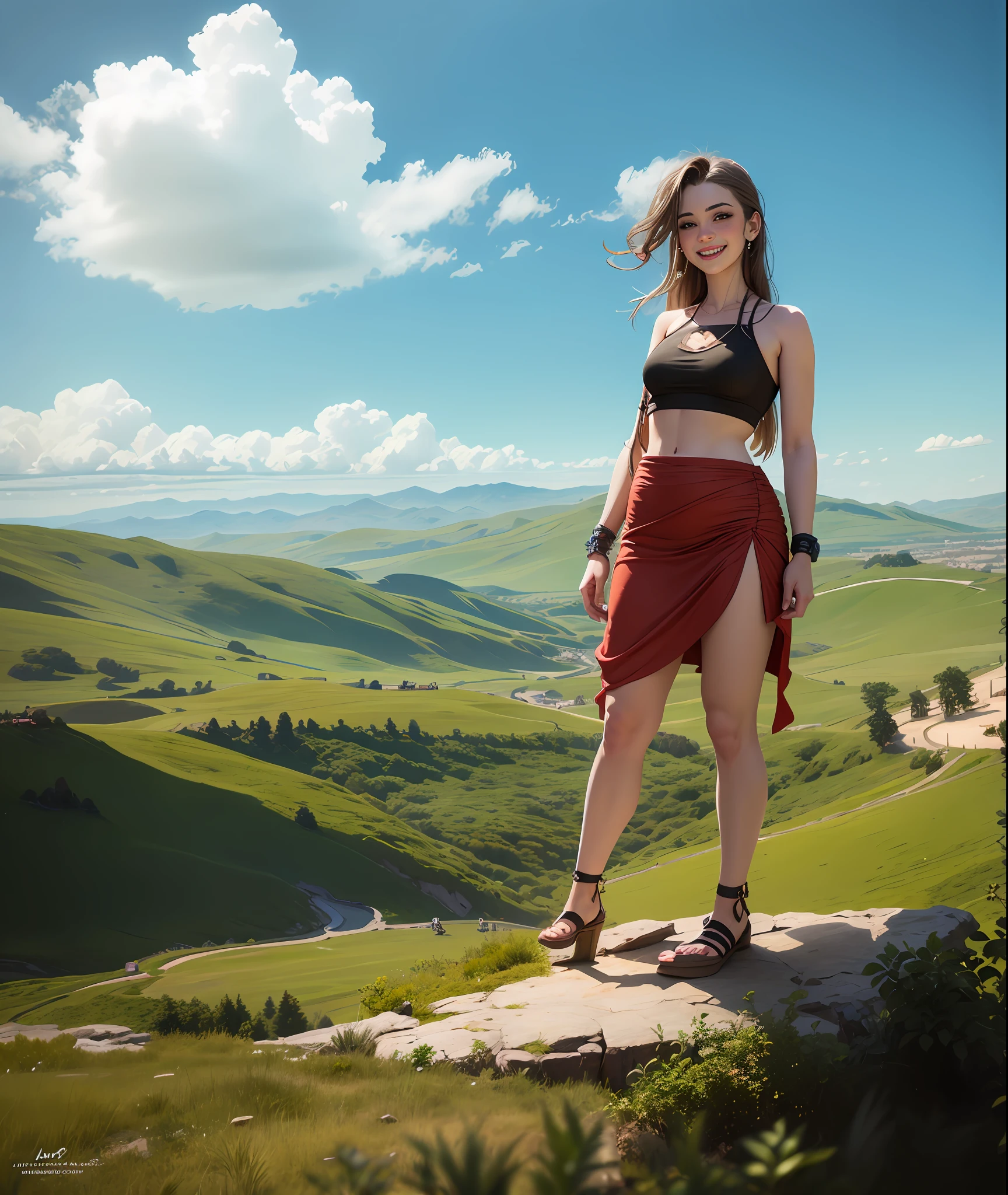 Brooke monk standing on a rock with a camera, giantess, highly detailed giantess shot, extremely detailed giantess shot, giantess shot, demencia, evil grin, looking at viewer, hands raised, cut out dress, sleeveless, dress,(((exposed midriff))),stomach, wearing a dress