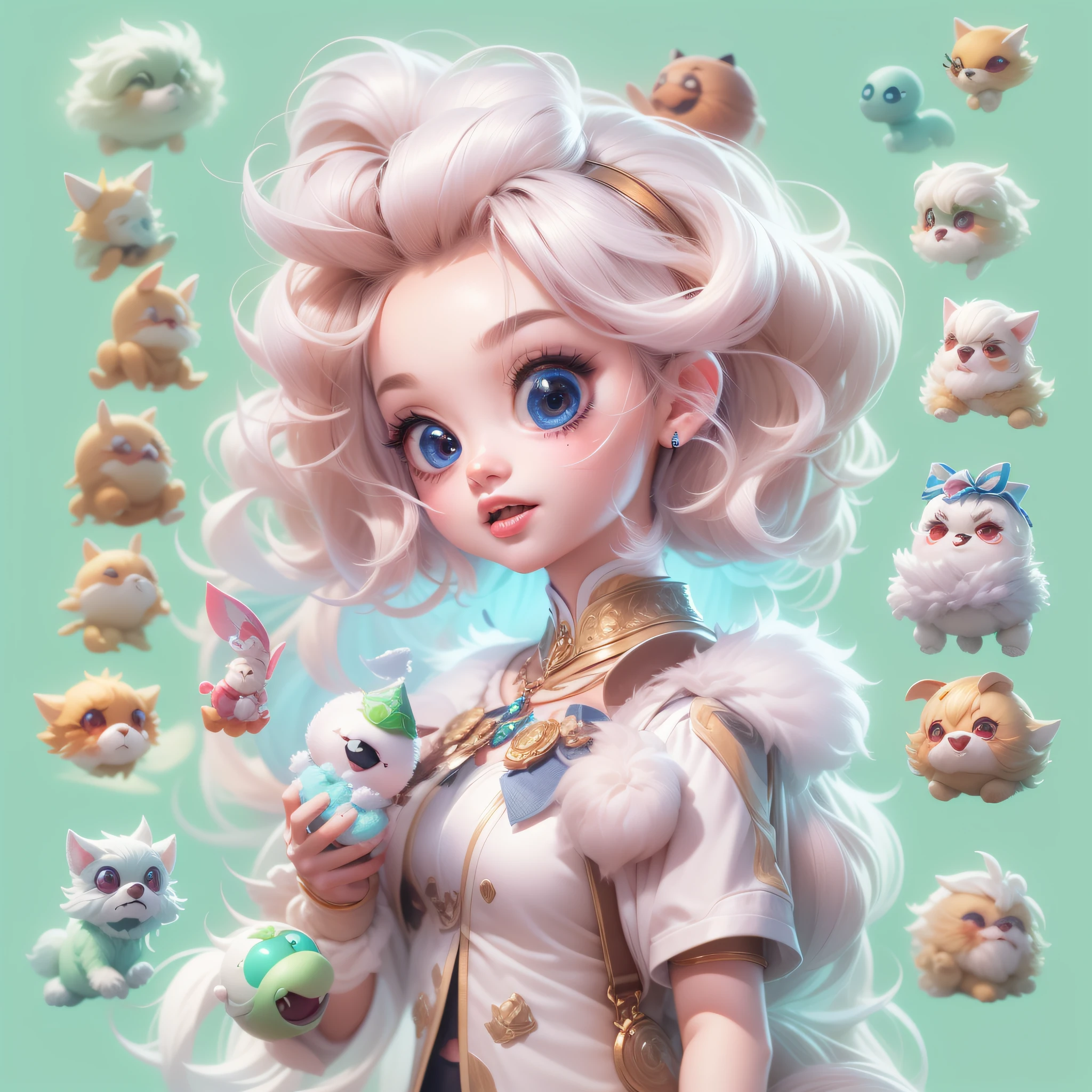 Masterpiece,High Quality,High resolution,The highest resolution,White background,solid color background,transparent background,no background,remove background,Complicated details,Highest quality,game icon,game icon institute,cartoon_style,full body,Cute Fluffy Barbie Monster,all separated