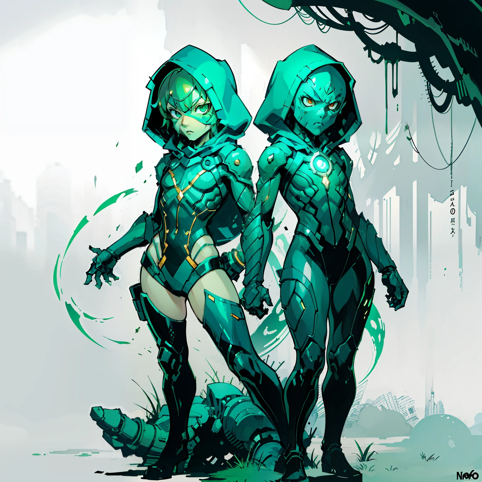 Nano Swamp, girl, Small body, Full body shot, No background, White background, Green skin color, scale, Sexy, kid, Upright, covers his face with a hood, glaring at the front