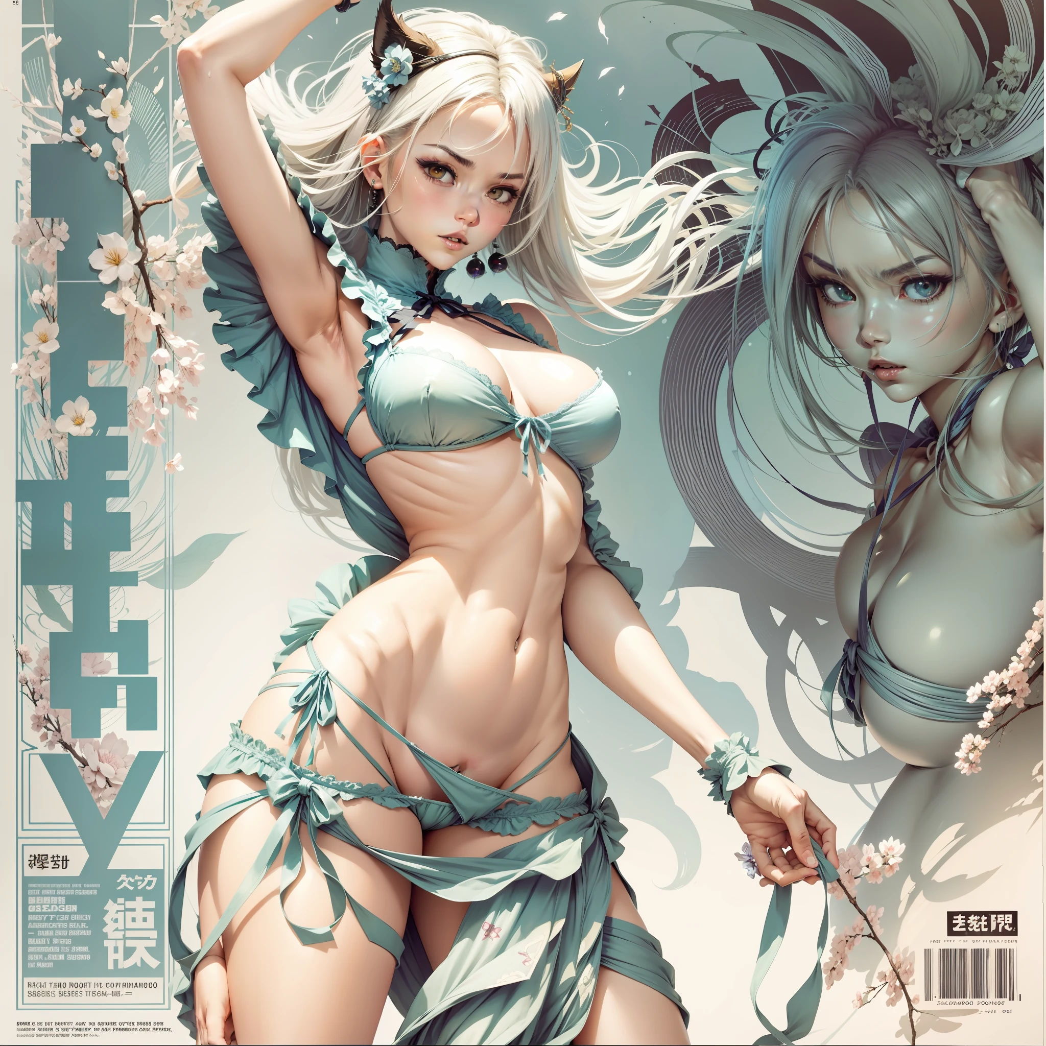 a close up of a woman in a dress with a large breast,((full body)) ((showing panty)) ((almost naked)), ((almost naked)), full color manga cover, style of masamune shirow, manga comic book cover, by Masamune Shirow, white haired deity, inspired by Masamune Shirow, doujin, japanese comic book, full color manga visual style, manga cover style, manga cover, ecchi