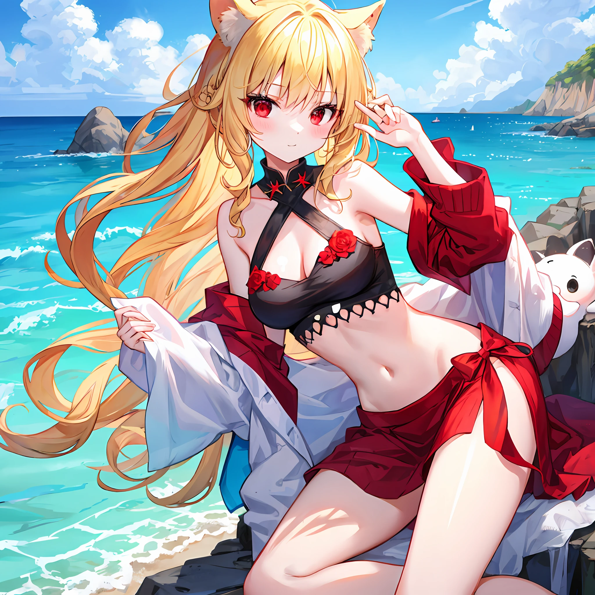 hair wavy、a blonde girl、独奏、red eyes、doress、sea side、A sexy