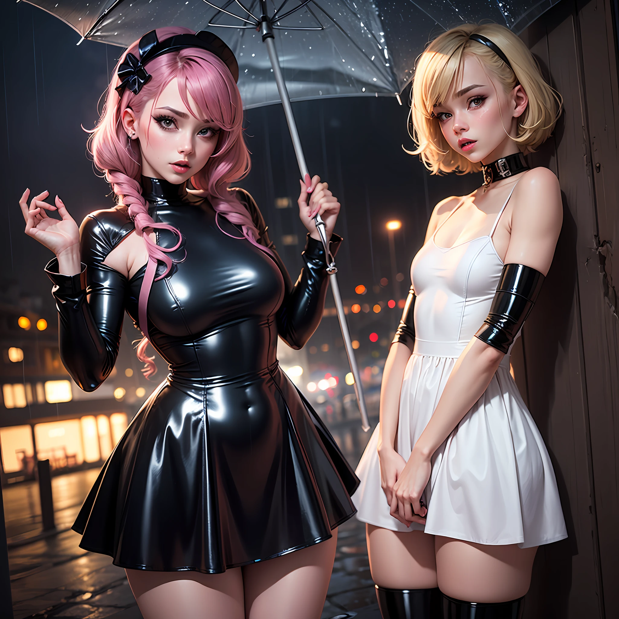 Sissy boy wearing latex dress, outside at night in rain, chastity, exposed, femboy, feminine boy, cross dresser --auto