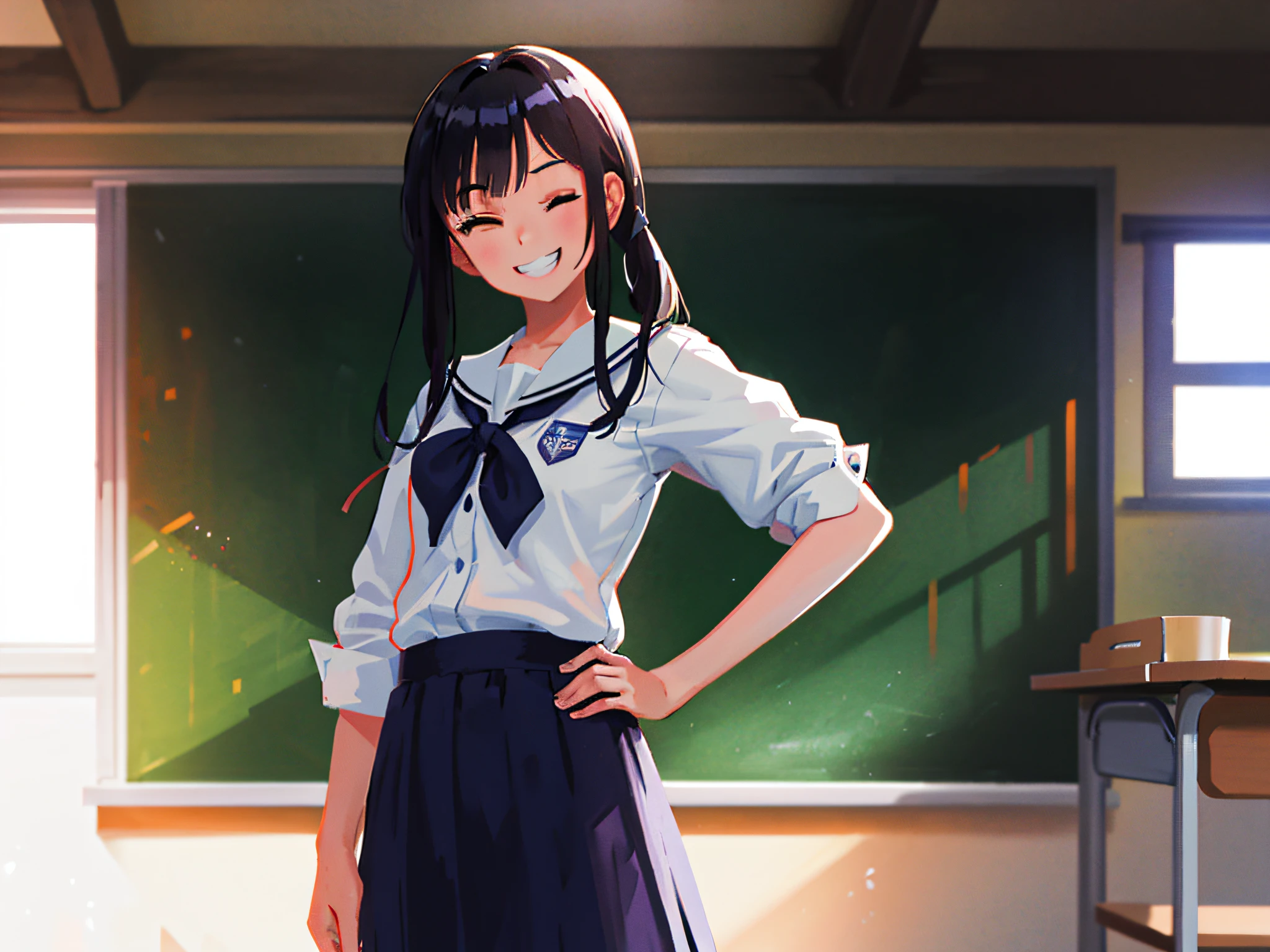 doyora, SLE, mksks style, detailed background solo, 1girl, kitagawa marin, kitasch, standing, hand on hip, (one eye closed), (v over eye), smile, grin, teeth, looking at viewer, cowboy shot, school, classroom, sunlight, indoors, ((masterpiece))