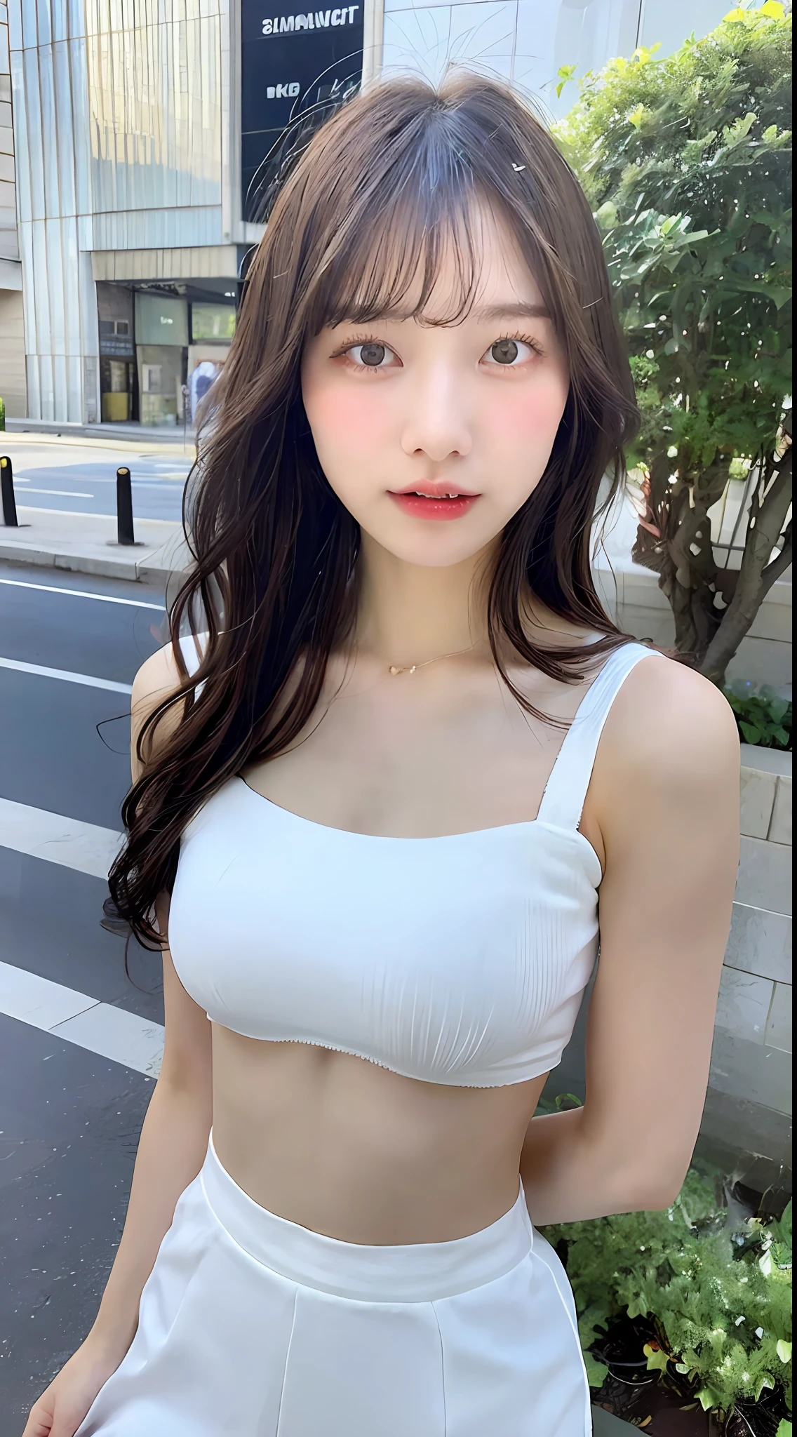 ((top-quality、in 8K、masterpiece:1.3))、foco nítido:1.2、Beautiful Women in Perfect Style:1.4、Slender Abs:1.2、((dark brown hair、Colossal tits:1.2))、(nightcity:1.1)、Highly detailed facial and skin texture、A detailed eye、二重まぶた、Sheer white mini dress made of ultra-thin material、Sheer white mini skirt made of ultra-thin material、fully body photo、Black bra、Black panties