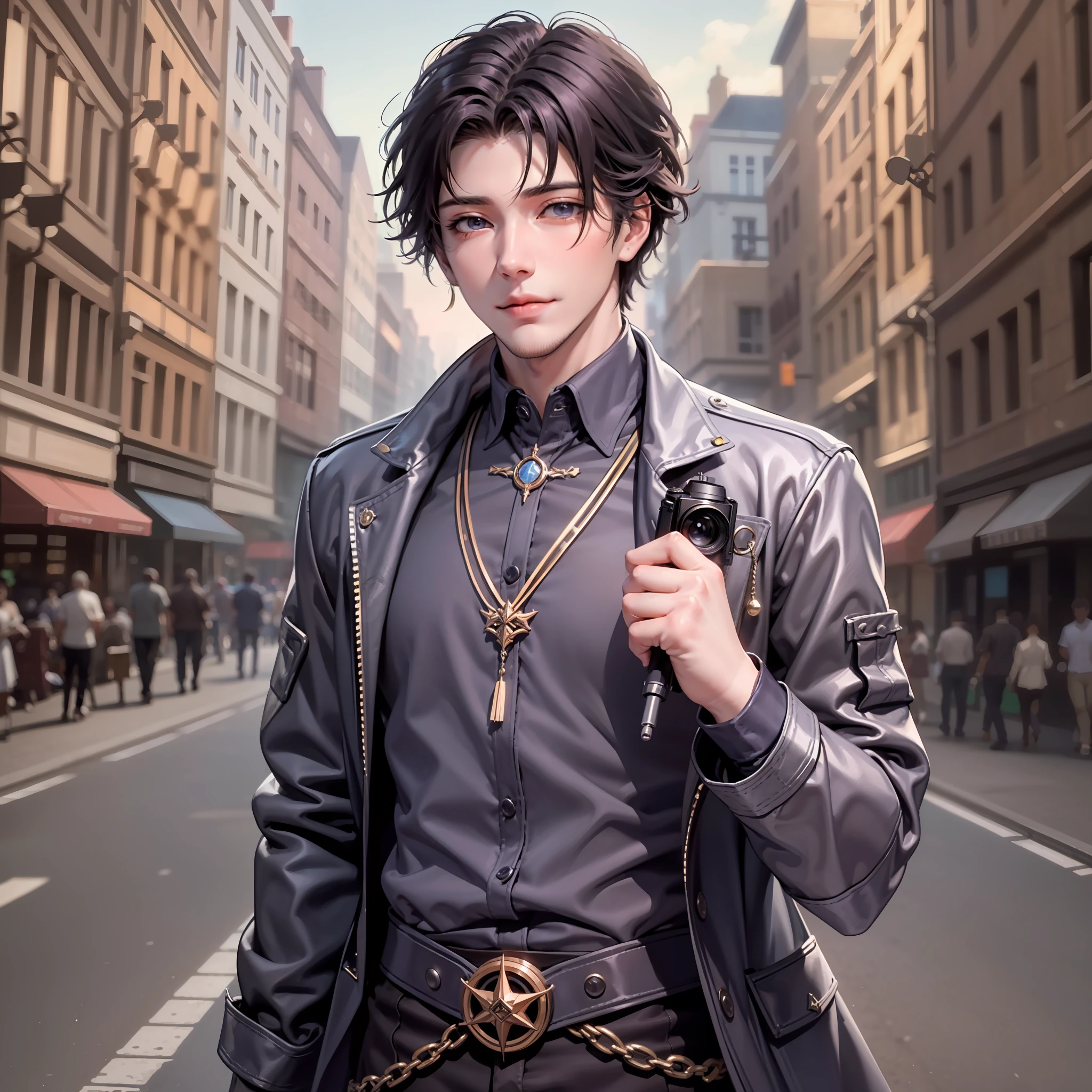 Handsome young man with camera photographer Fashionable dress Smile confident hipster man