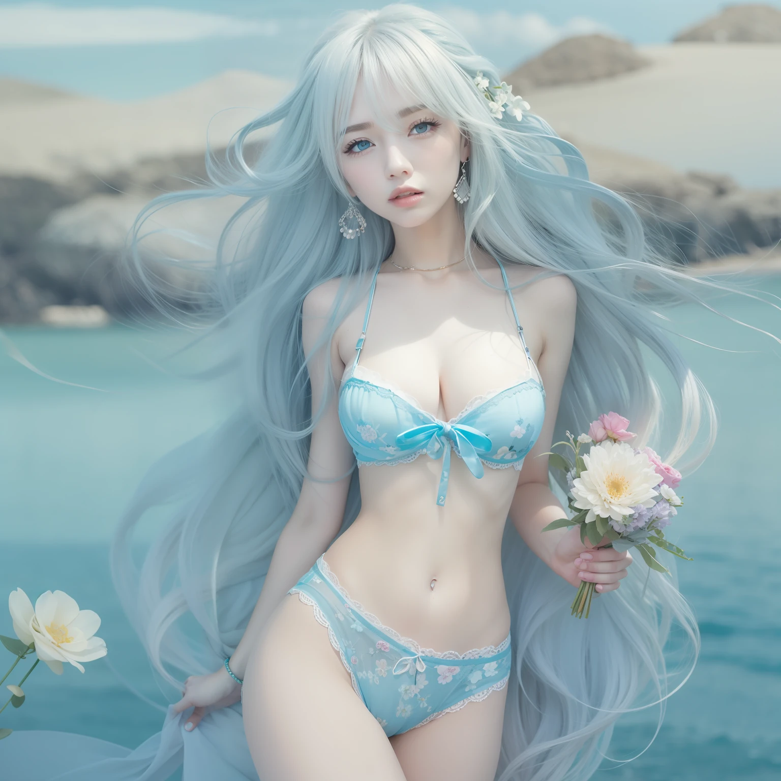 blue sea、White sandy beach、evening、Pretty Woman、Beautie、Korea、Pink underwear、Silvery hair、length hair、Floral hair ornament、blue eyess、dual、tiny chest