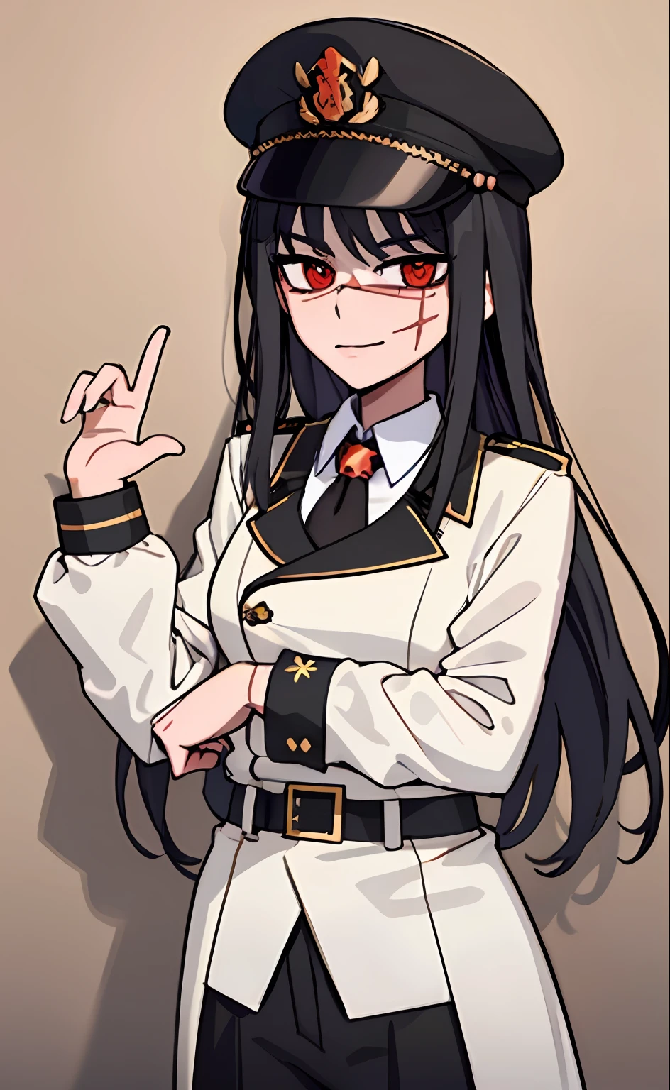 (masterpiece, best quality: 1.2), Solo, 1girl, Yoru \(Chainsaw Man\), looking at the viewer, different poses, red eye, long hair, completely black hair, reference to clothing of a German WWII general, black long sleeves (best quality), scar on face, beautiful eyes, has only 2 arms, has war medals on his clothes, Black Military Cap, Golden Eagle Medal on Clothing, (Wallpaper), (8K HD), (8K HD), Golden Shoulder Pads, Sprites, 1 Single Design (masterpiece, best quality: 1.2), Solo, 1girl, Yoru \(Chainsaw Man\), looking at the viewer, smile, happy, different poses, red eye, long hair, completely black hair, reference to clothing of a German WWII general, black long sleeves (best quality), scar on face, beautiful eyes, has only 2 arms, has war medals on his clothes, black military cap, golden eagle medal on clothing, (wallpaper), (8K HD), (8K HD), (8K HD), golden shoulder pads, sprites, 1 single design