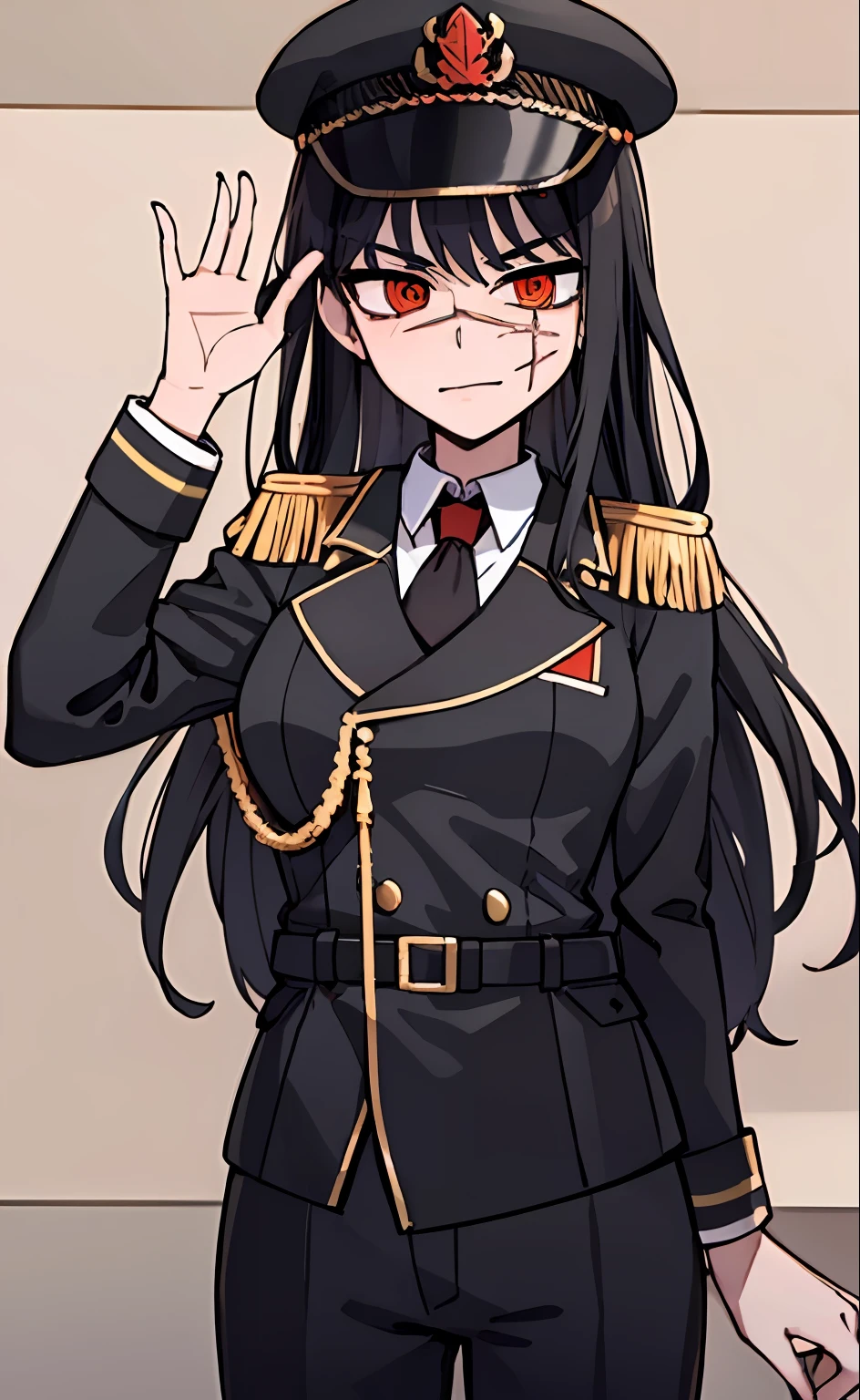 (masterpiece, best quality: 1.2), Solo, 1girl, Yoru \(Chainsaw Man\), looking at the viewer, different poses, red eye, long hair, completely black hair, reference to clothing of a German WWII general, black long sleeves (best quality), scar on face, beautiful eyes, has only 2 arms, has war medals on his clothes, Black Military Cap, Golden Eagle Medal on Clothing,  (Wallpaper), (8K HD), (8K HD), Golden Shoulder Pads, Sprites, 1 Single Design (masterpiece, best quality: 1.2), Solo, 1girl, Yoru \(Chainsaw Man\), looking at the viewer, smile, happy, different poses, red eye, long hair, completely black hair, reference to clothing of a German WWII general, black long sleeves (best quality), scar on face,  beautiful eyes, has only 2 arms, has war medals on his clothes, black military cap, golden eagle medal on clothing, (wallpaper), (8K HD), (8K HD), (8K HD), golden shoulder pads, sprites, 1 single design