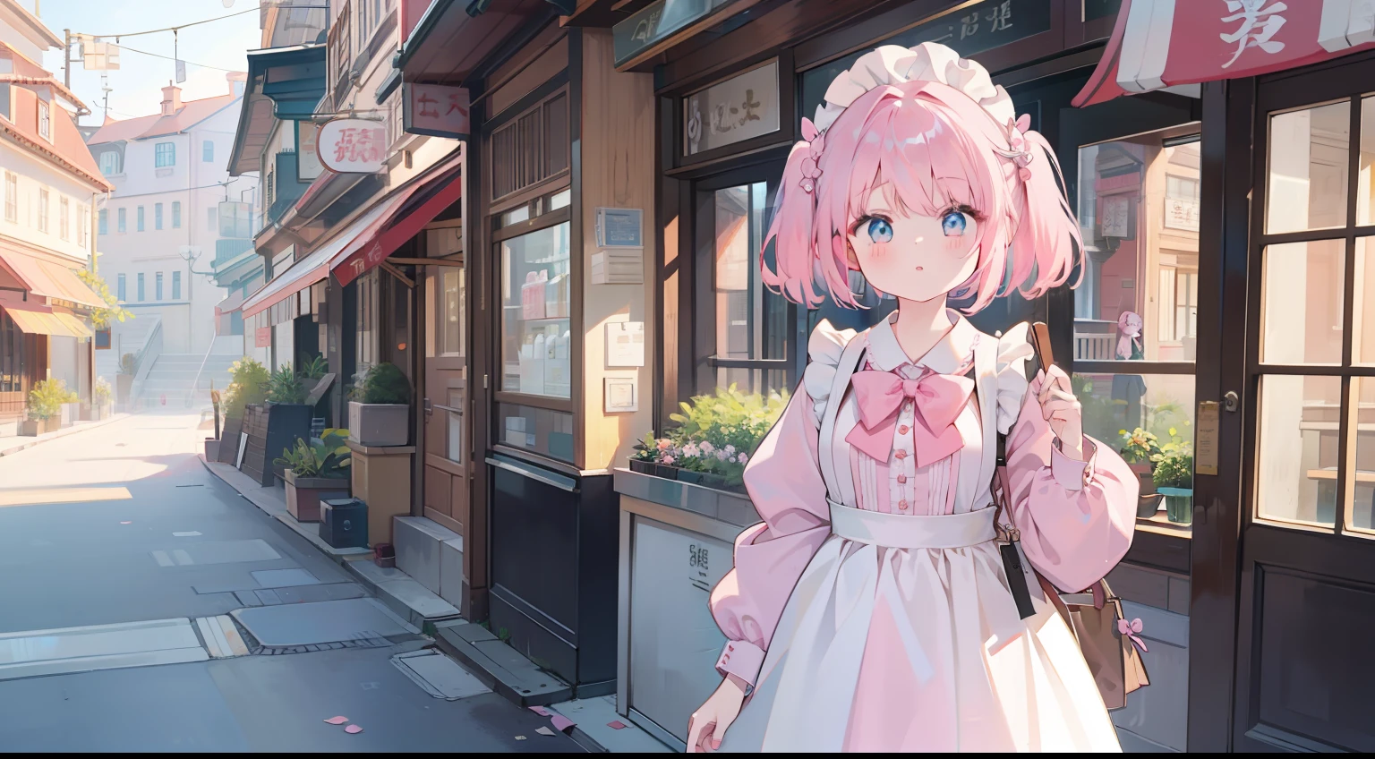 One girl、Pink hair、masterpiece、top-quality、Top image quality、cute little、Double knot、maid clothes、shopping street、shopping