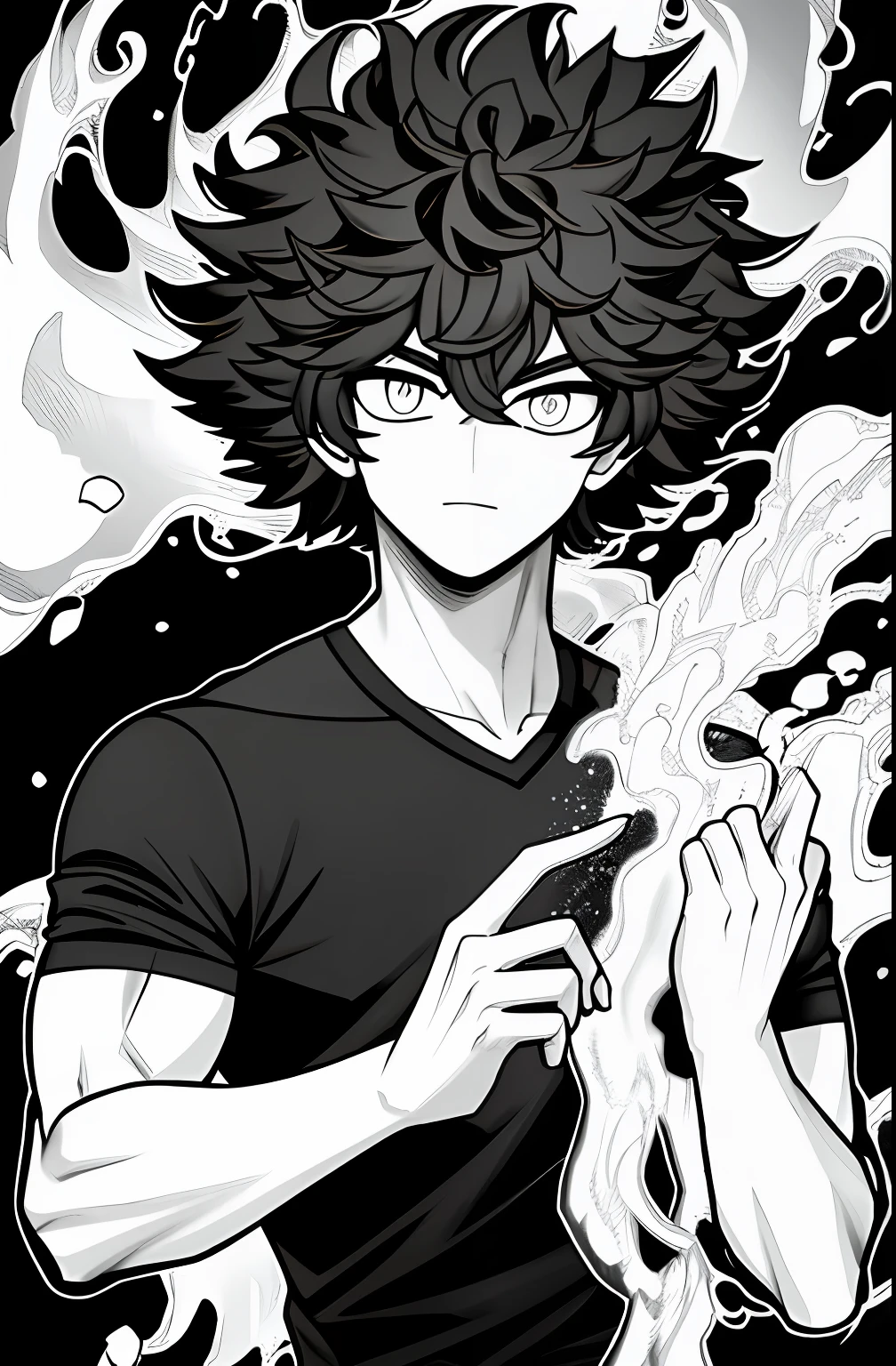 homem loiro, musculoso, curly hair, olhos castanhos claros,
camisa branca, Black background with white particles.