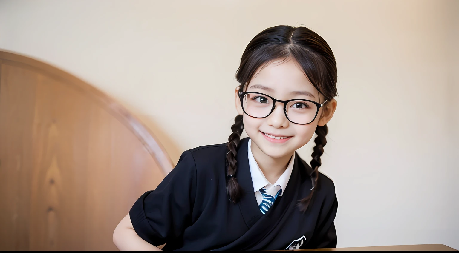 real photograph,A cute little girl 8 years old,pony tails,Wearing black-framed glasses,校服,ssmile,studio photoshoot,Professional lighting,one color background