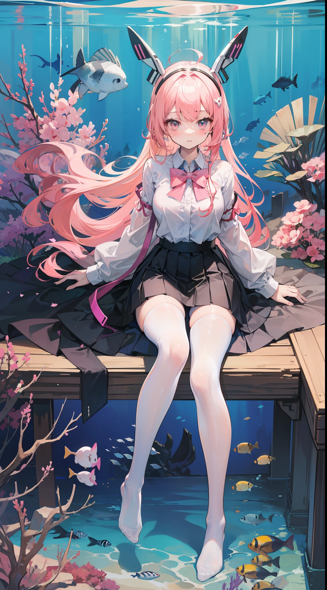 Masterpiece（（tmasterpiece）），（（White cropped mini shirt）），（（black micro skirt）），（（White transparent stockings）），（No shoes on），adolable，Raised sexy，is shy，（Long pink）Hair，red bowtie，（head gear），long leges，（At the bottom of the sea）