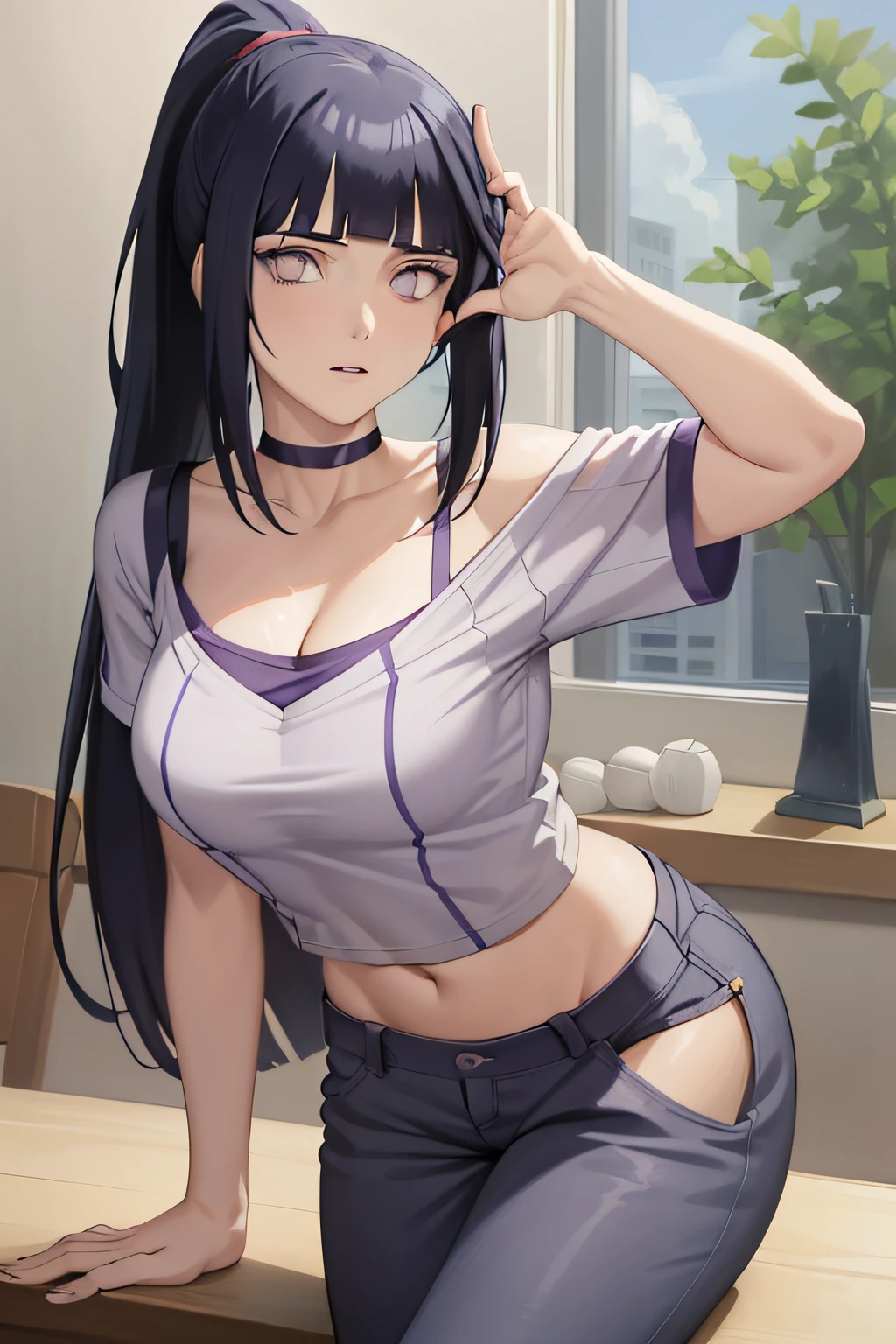 ((masterpiece:1.2, best quality)), hinata/(boruto/),1girl, long hair, dark blue hair, purple eyes, baseball shirt, baseball pants holding a baseball, straight, mature, blunt bangs, medium breast, ponytail, (((busty))), skinny waist, ((cleavage)), bare neck, thighs, (bare collarbone),