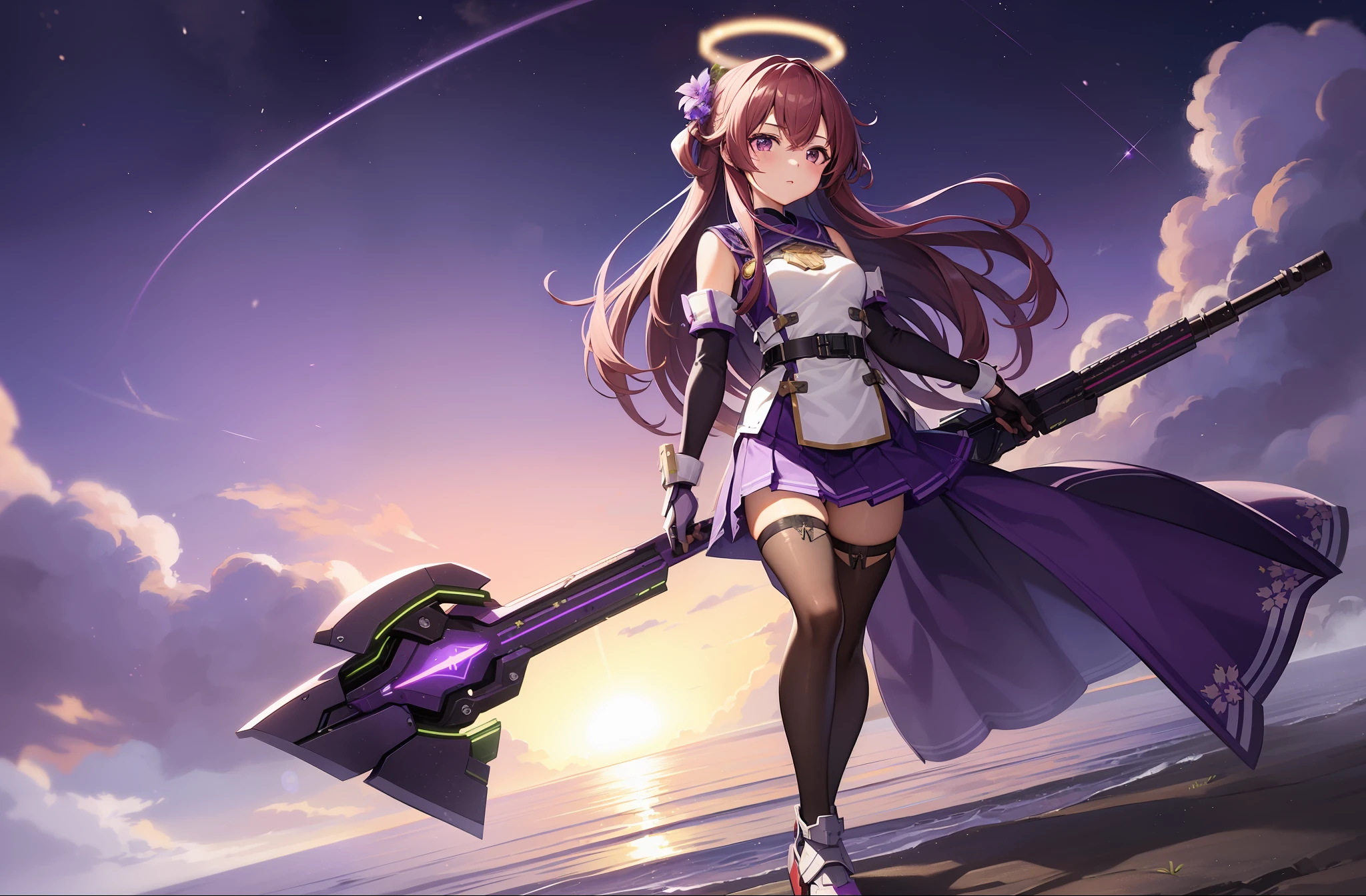 1 girl, solo, Kisaragi from Kancolle, (wearing purple mark v spartan armor from halo), standing, detailed eyes, masterpiece, best quality, full body, small breasts, purple eyes, shiny brown hair, purple flower in hair, tall, long hair, hair between eyes, equipped with a BR55 battle rifle from halo
