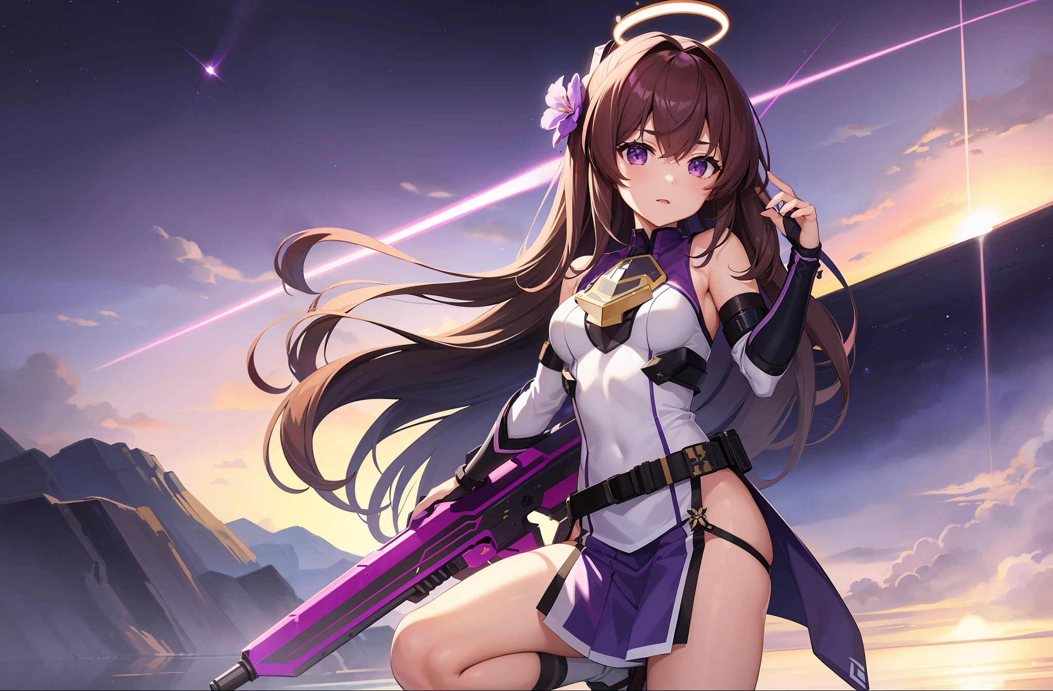 1 girl, solo, Kisaragi from Kancolle, (wearing purple mark v spartan armor from halo), standing, detailed eyes, masterpiece, best quality, full body, small breasts, purple eyes, shiny brown hair, purple flower in hair, tall, long hair, hair between eyes, equipped with a BR55 battle rifle from halo