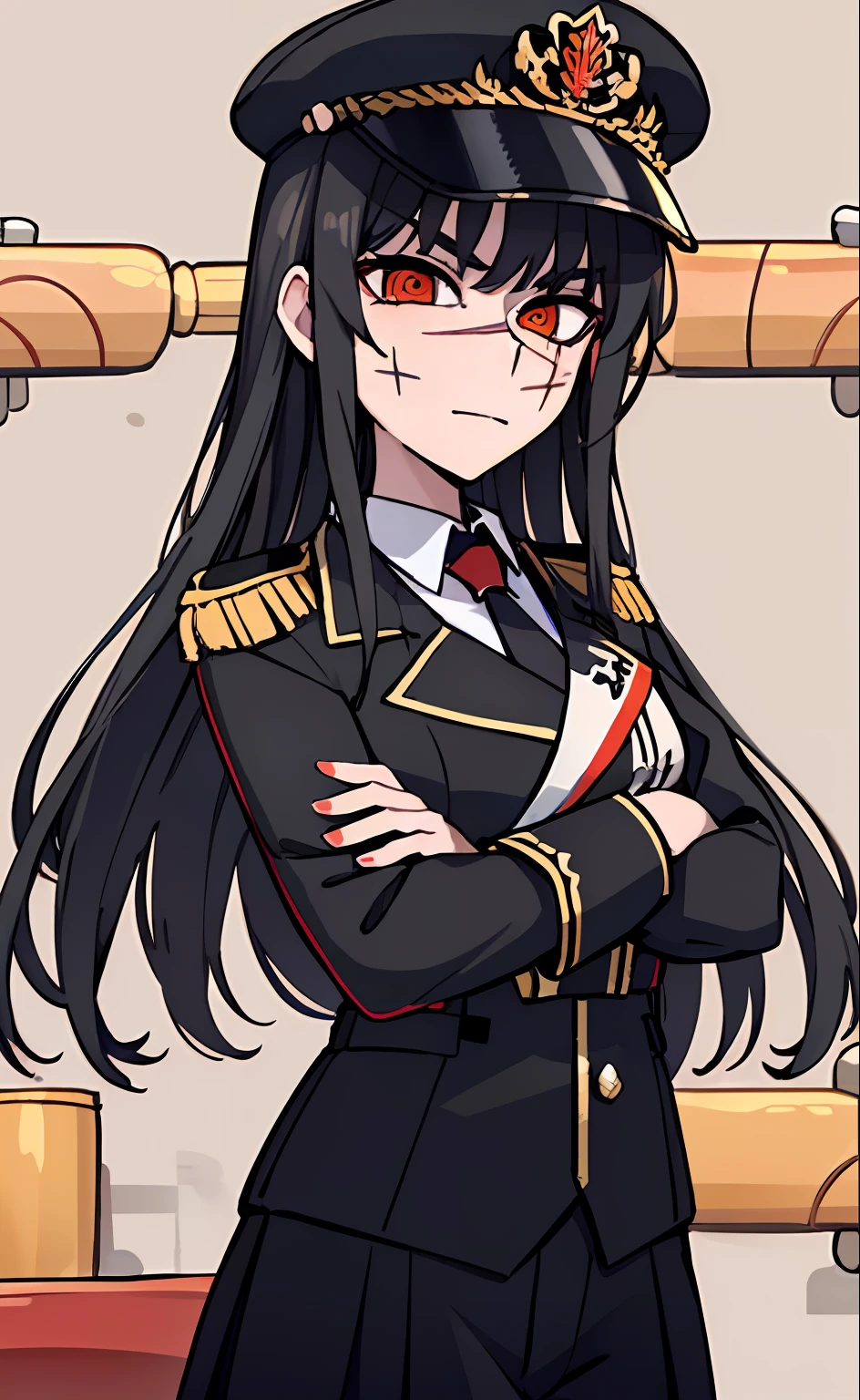 (masterpiece, best quality: 1.2), Solo, 1girl, Yoru \(Chainsaw Man\), looking at the viewer, different poses, red eye, long hair, completely black hair, reference to clothing of a German WWII general, black long sleeves (best quality), scar on face, beautiful eyes, has only 2 arms, has war medals on his clothes, Black Military Cap, Golden Eagle Medal on Clothing, (Wallpaper), (8K HD), (8K HD), Golden Shoulder Pads, Sprites, 1 Single Design (masterpiece, best quality: 1.2), Solo, 1girl, Yoru \(Chainsaw Man\), looking at the viewer, smile, happy, different poses, red eye, long hair, completely black hair, reference to clothing of a German WWII general, black long sleeves (best quality), scar on face, beautiful eyes, has only 2 arms, has war medals on his clothes, black military cap, golden eagle medal on clothing, (wallpaper), (8K HD), (8K HD), (8K HD), golden shoulder pads, sprites, 1 single design