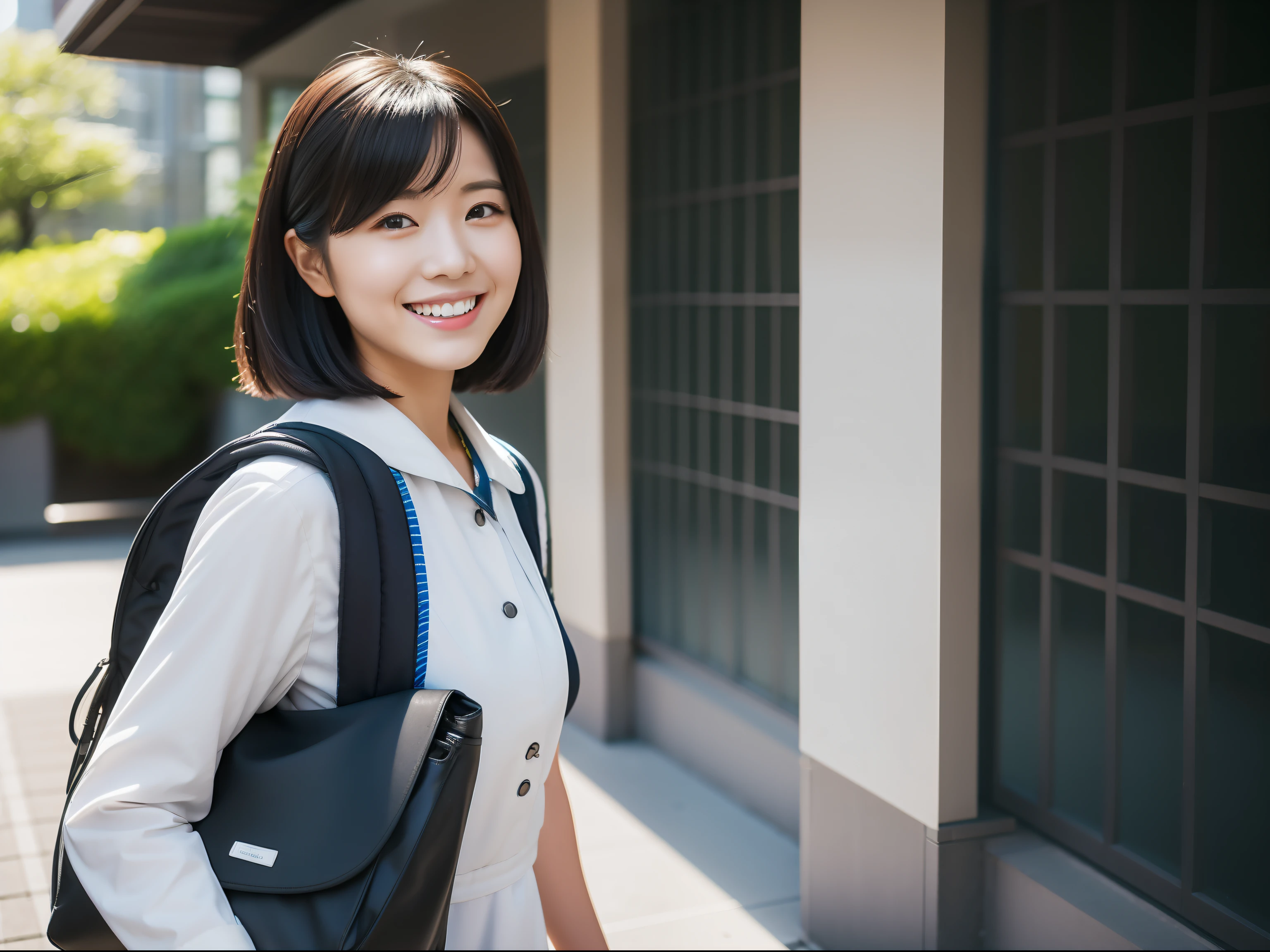 nurse, femele, japanes, Carrying a rucksack, black hair, light smile, Canon, UHD