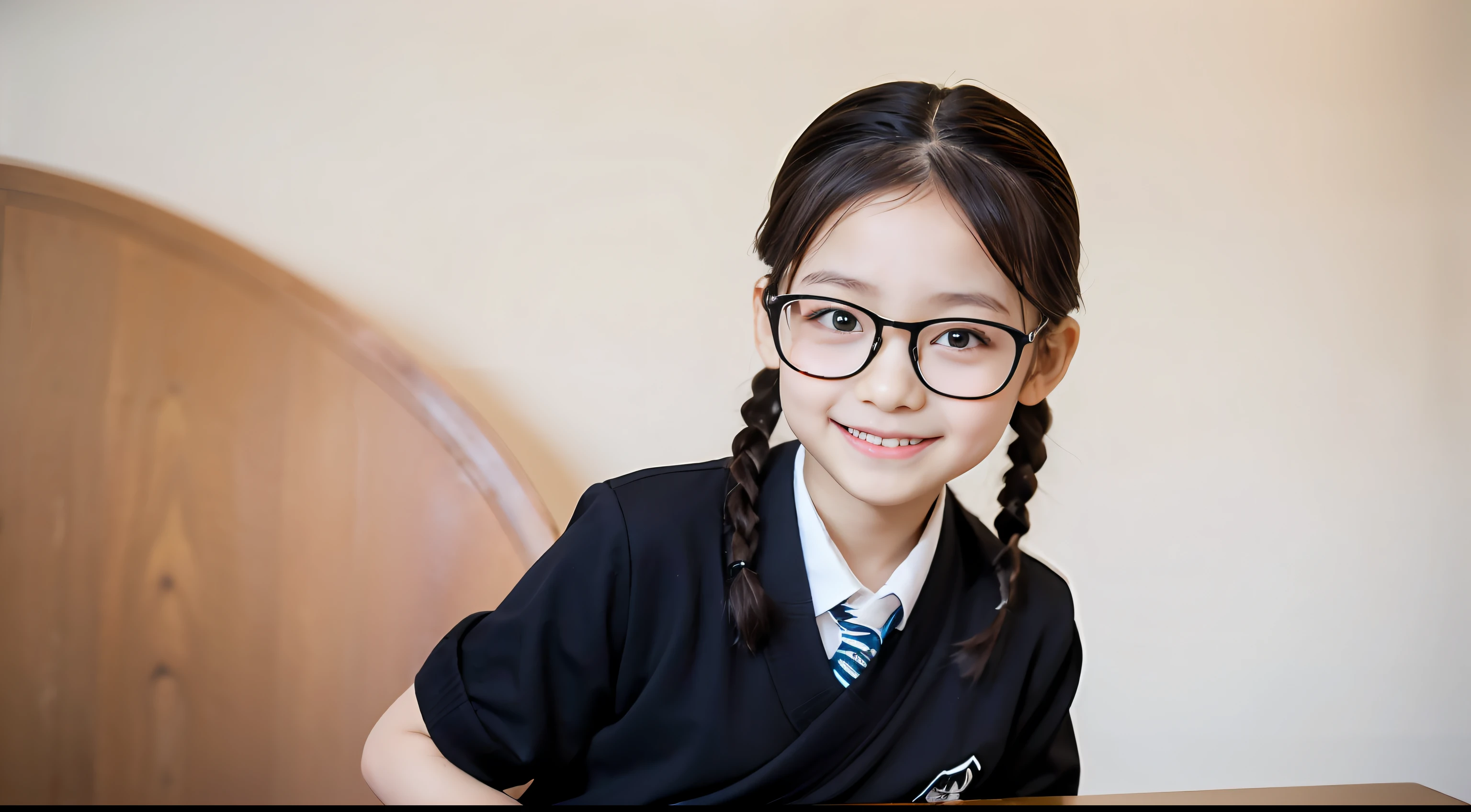 real photograph，A cute little girl 8 years old，pony tails，Wearing black-framed glasses，校服，ssmile，studio photoshoot，Professional lighting，one color background