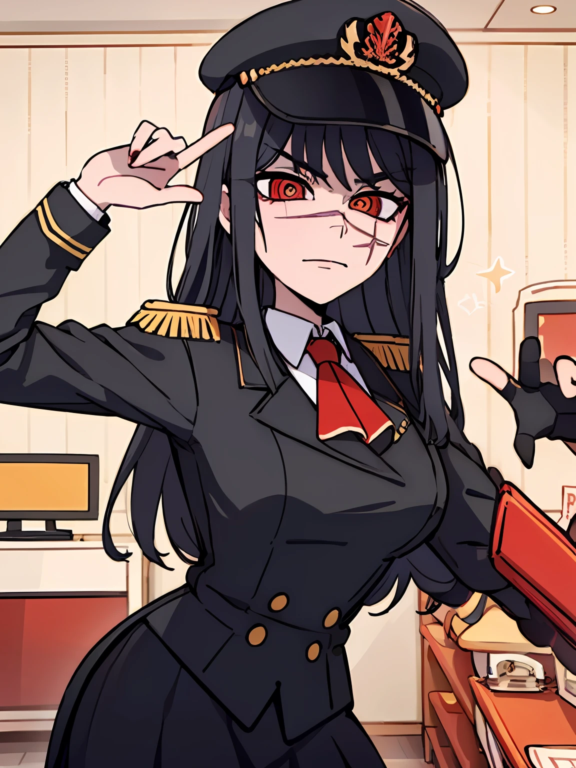 (masterpiece, best quality: 1.2), Solo, 1girl, Yoru \(Chainsaw Man\), looking at the viewer, different poses, red eye, long hair, completely black hair, reference to clothing of a German WWII general, black long sleeves (best quality), scar on face, beautiful eyes, has only 2 arms, has war medals on his clothes, Black Military Cap, Golden Eagle Medal on Clothing, (Wallpaper), (8K HD), (8K HD), Golden Shoulder Pads, Sprites, 1 Single Design (obra maestra, mejor calidad: 1.2), Solo, 1girl, Yoru \(Chainsaw Man\), mirando al espectador, sonrisa, feliz, diferentes poses, cuerpocompleto, cuerpo dentro de la vision de la foto, ojos rojos, cabello largo, cabello completamente negro, reference to clothing of a German general from World War II, mangas largas negras (mejor calidad), cicatriz en la cara, hermosos ojos, tiene solo 2 brazos, tiene medallas de guerra en su ropa, Gorra militar negra, Golden Eagle Medal in Dress, (fondo de pantalla), (8K HD), (8K HD), hombreras doradas, sprites, 1 single design