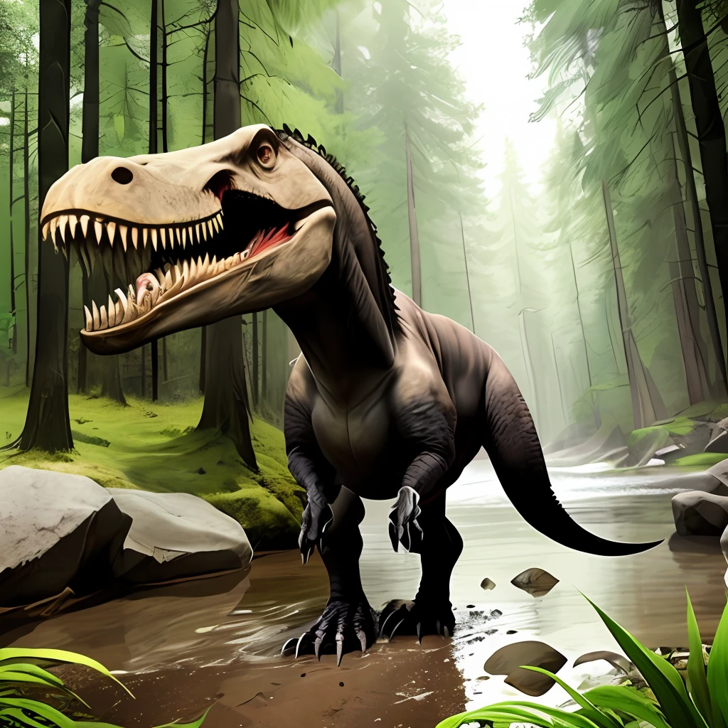 8K hyper-realistic photos，tmasterpiece，tyrannosarus rex，Body length 15 meters，Weight 13 tons，Older，Stand on two legs，Only limbs，Strong and powerful，The hind limbs are long, supported on the ground, and have 4 finger claws, three of which are facing forward and one finger is on the side，The forelimbs are short, small, palms facing the inside of the body, and there are two fingers and claws，The forelimbs do not touch the ground，The finger claws are sharp and sharp，The tail is parallel to the ground，The body cavity is wide and stout，The spine is parallel to the ground，The neck is thick and short，There is only one head，The head is thick and the posterior end is broad and the snout is narrow，The brow bone is covered with keratin，The bridge of the nose is covered with a layer of keratin，At the end of the mouth, there are bulges at the cheeks, covered with keratin，Sharp teeth cover thicker lips，The lips are made up of a regular row of scales, different from those found elsewhere in the head，The surface of the body is covered with fine scales，The tip of the head is covered with large scales，The texture is real, and the eyes are small，Look ahead，There are no spikes on the body，Body reddish-brown，The head has a red-black pattern，Stand by the creek，In the dark taiga，The trees are tall，A ray of sunlight shines through the treetops on the Tyrannosaurus rex，Shows composure as a giant predator，The water of the stream is clear and you can see the pebbles at the bottom，Low ferns grow on the banks of the stream，The soil is black and moist，Leave footprints where the Tyrannosaurus rex walked，There is a slight accumulation of water in the footprints，A magnificent picture of the prehistoric era with an epic feel