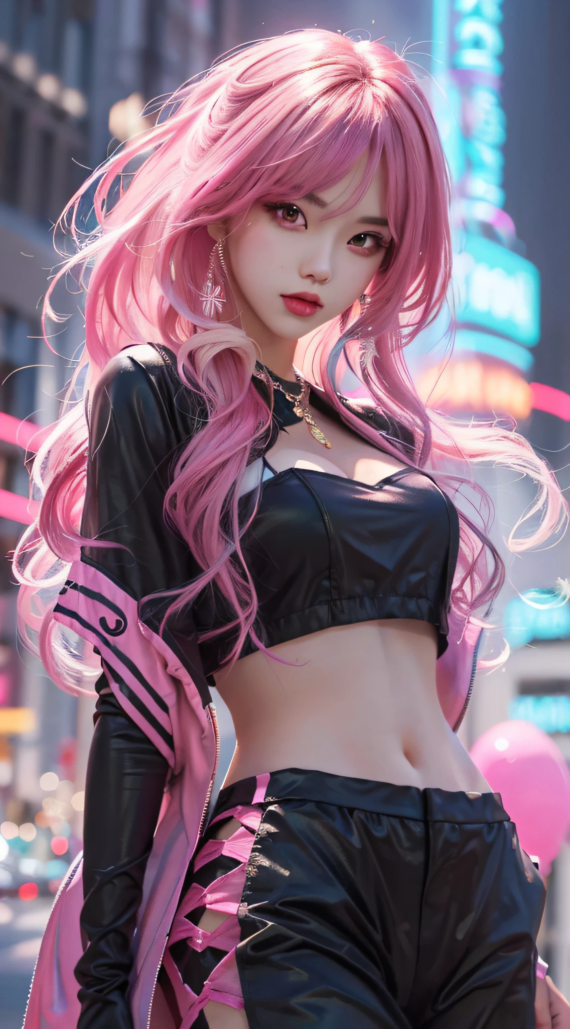 Anime girl with pink hair and black costume posing in front of neon background, rossdraws cartoon vibrant, kda, Style Artgerm, IG model | Art germ, Extremely detailed Artgerm, :: rossdraws, Ross Rush digital painting, ! Dream art germ, Rosla 1. 0, art-style