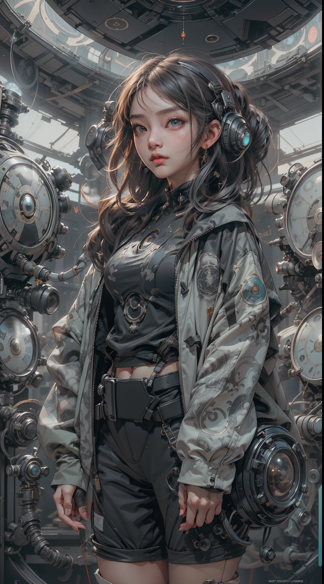 fisheye photo, 1cute girl with techwear clothes, mechanic spider, circles, fractals, 32k, uhd, 4x ultra sharp, cinematic, (art with black outline) by Yoshitaka Amano, Travis Charest