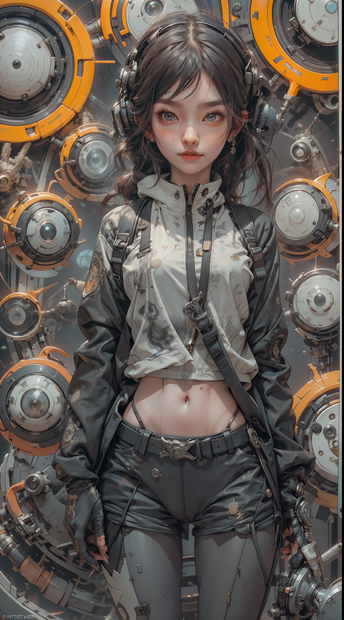 fisheye photo, 1cute girl with techwear clothes, mechanic spider, circles, fractals, 32k, uhd, 4x ultra sharp, cinematic, (art with black outline) by Yoshitaka Amano, Travis Charest