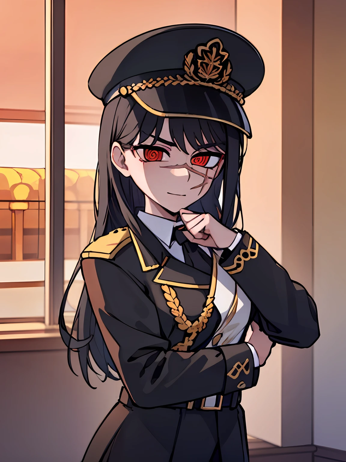 (masterpiece, best quality: 1.2), Solo, 1girl, Yoru \(Chainsaw Man\), looking at the viewer, different poses, red eye, long hair, completely black hair, reference to clothing of a German WWII general, black long sleeves (best quality), scar on face, beautiful eyes, has only 2 arms, has war medals on his clothes, Black Military Cap, Golden Eagle Medal on Clothing, (Wallpaper), (8K HD), (8K HD), Golden Shoulder Pads, Sprites, 1 Single Design (obra maestra, mejor calidad: 1.2), Solo, 1girl, Yoru \(Chainsaw Man\), mirando al espectador, sonrisa, feliz, diferentes poses, cuerpocompleto, cuerpo dentro de la vision de la foto, ojos rojos, cabello largo, cabello completamente negro, reference to clothing of a German general from World War II, mangas largas negras (mejor calidad), cicatriz en la cara, hermosos ojos, tiene solo 2 brazos, tiene medallas de guerra en su ropa, Gorra militar negra, Golden Eagle Medal in Dress, (fondo de pantalla), (8K HD), (8K HD), hombreras doradas, sprites, 1 single design