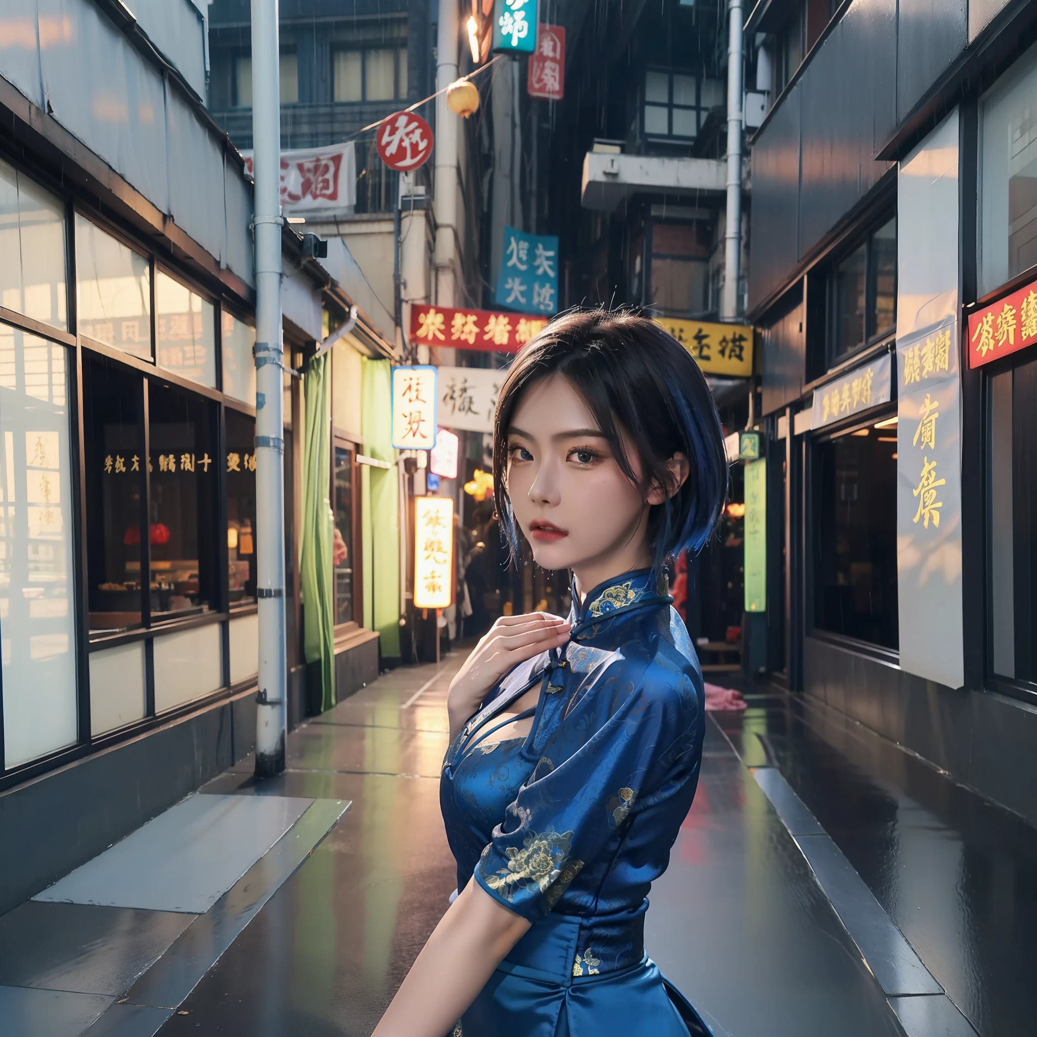 bluer hair:1.2,Short hair,femele,Ancient Chinese street scene,Rainy days,The blue cheongsam was tight，Wide bare chest，The skirts parted，Satin,Full-body image，Get wet