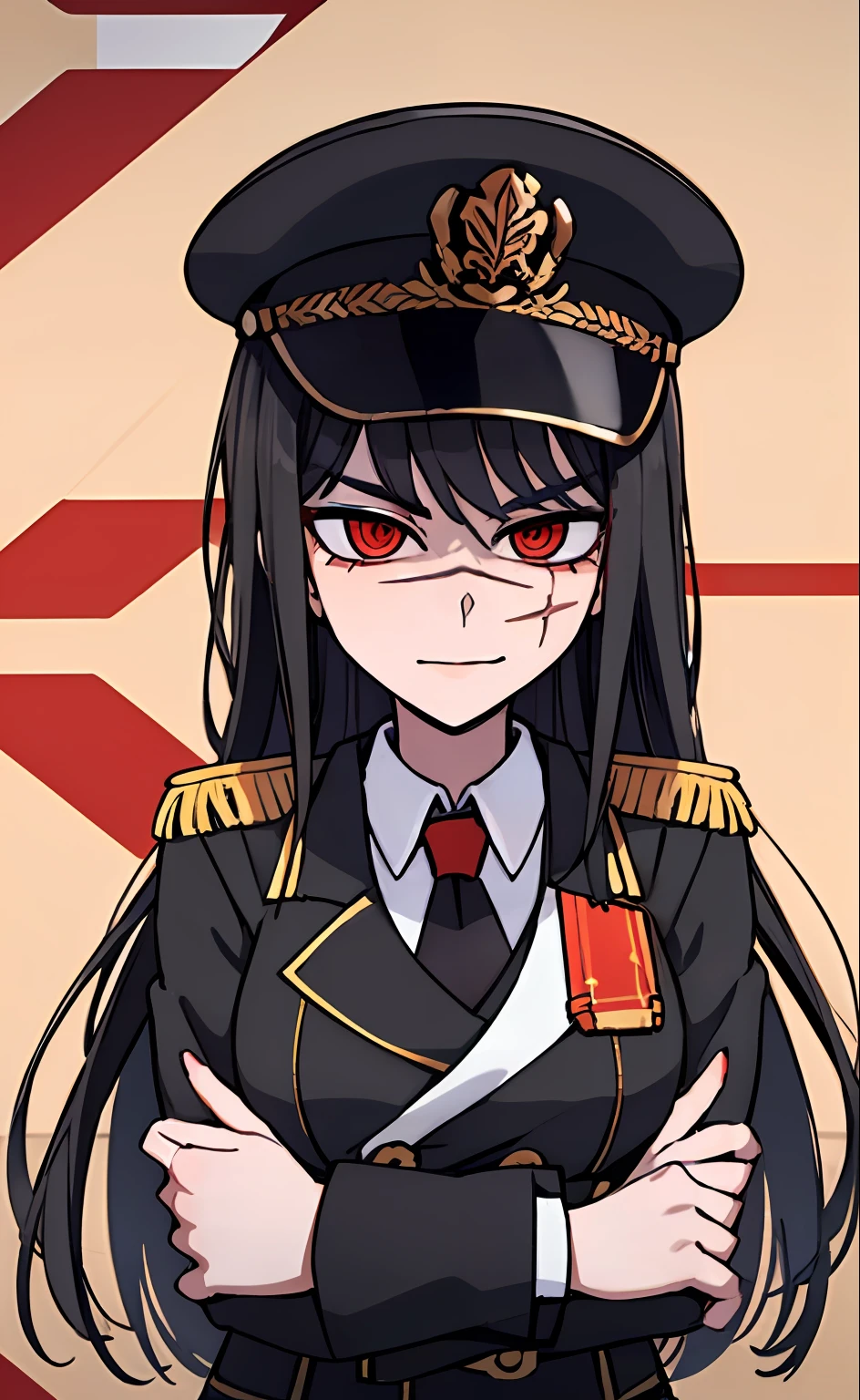 (masterpiece, best quality: 1.2), Solo, 1girl, Yoru \(Chainsaw Man\), looking at the viewer, different poses, red eye, long hair, completely black hair, reference to clothing of a German WWII general, black long sleeves (best quality), scar on face, beautiful eyes, has only 2 arms, has war medals on his clothes, Black Military Cap, Golden Eagle Medal on Clothing,  (Wallpaper), (8K HD), (8K HD), Golden Shoulder Pads, Sprites, 1 Single Design (masterpiece, best quality: 1.2), Solo, 1girl, Yoru \(Chainsaw Man\), looking at the viewer, smile, happy, different poses, red eye, long hair, completely black hair, reference to clothing of a German WWII general, black long sleeves (best quality), scar on face,  beautiful eyes, has only 2 arms, has war medals on his clothes, black military cap, golden eagle medal on clothing, (wallpaper), (8K HD), (8K HD), (8K HD), golden shoulder pads, sprites, 1 single design