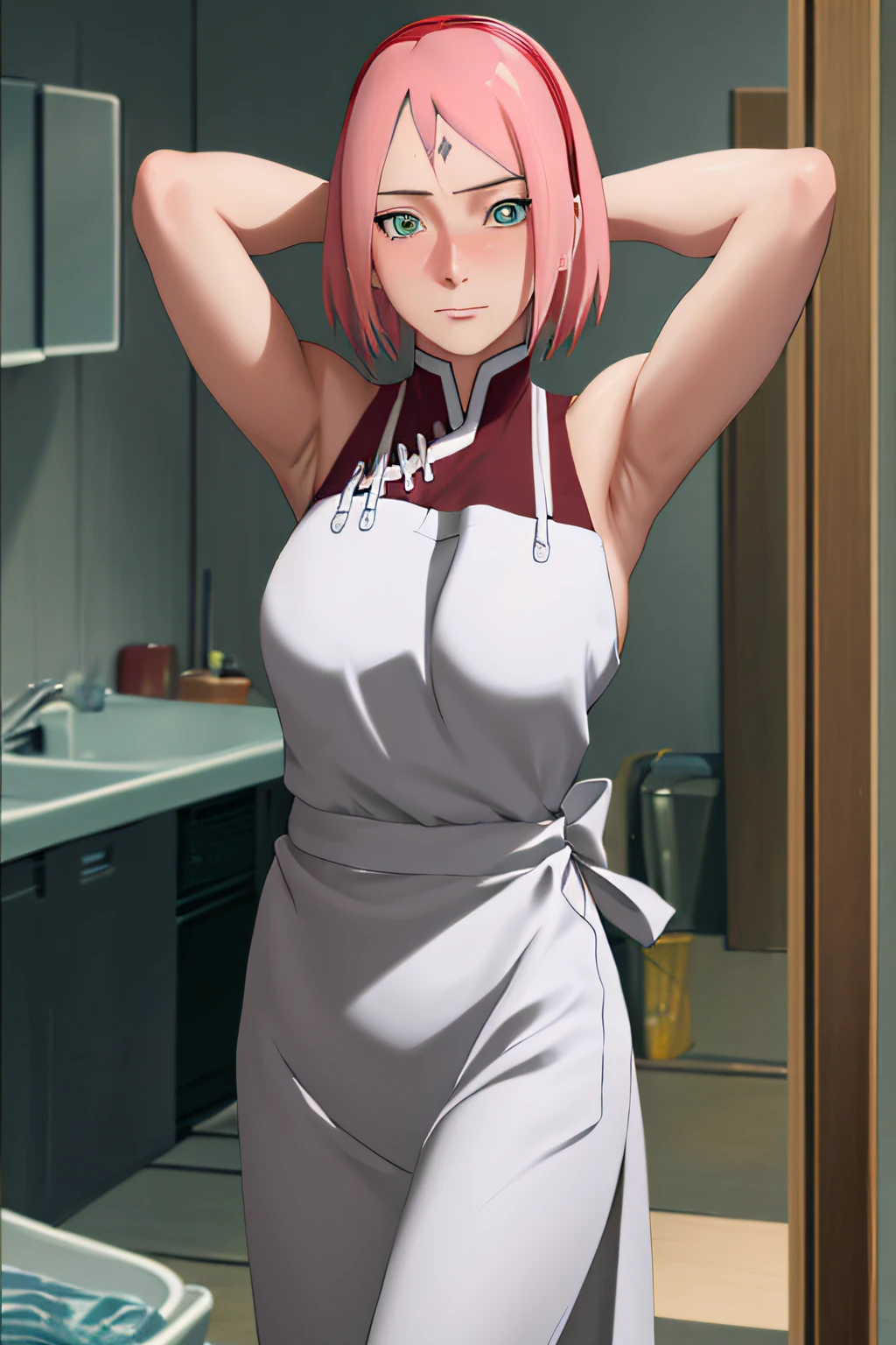 masterpiece, absurdres , (intricate details), (colorful),cinematic lighting,bust shot,extremely detailed CG unity 8k wallpaper,1girl, haruno sakura,red hairband,forehead mark,washing machine,, naked white apron, kitchen, arms behind back, blush, looking at viewer, large breasts, sideboob, busty,