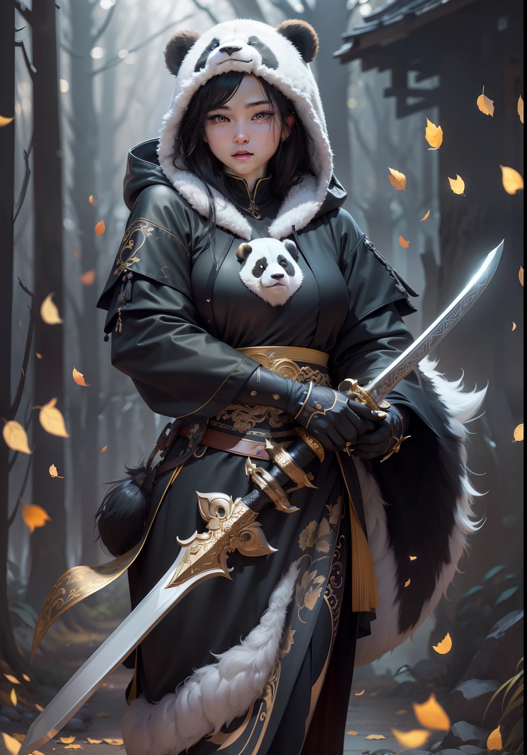 beautiful woman facing the camera black hair asian eyes, wearing a black and white panda hood holding a gleaming sword silver and gold Masterpiece, best quality, high quality, highly detailed CG unity 8k wallpaper beautiful landscape oil painting, award winning photography, bokeh, depth of field, HDR, bloom, chromatic aberration, photorealism, highly detailed, trending on artstation, on CGsociety Trending, intricate, high detail, dramatic, midjourney art and masterpiece, best quality, high quality, extremely detailed CG unity 8k wallpaper lush summer landscape with rolling green hills stretching towards the horizon, dotted with pink, yellow wildflowers, and purples, volumetric lighting and masterpiece, best quality, high quality, extremely detailed CG unity 8k wallpapers serene autumn landscape surrounded by trees in shades of golden yellow, fiery red and burnt orange. The crisp air is laced with the sweet aroma of fallen leaves and wood smoke. a cute panda bear in the background --auto