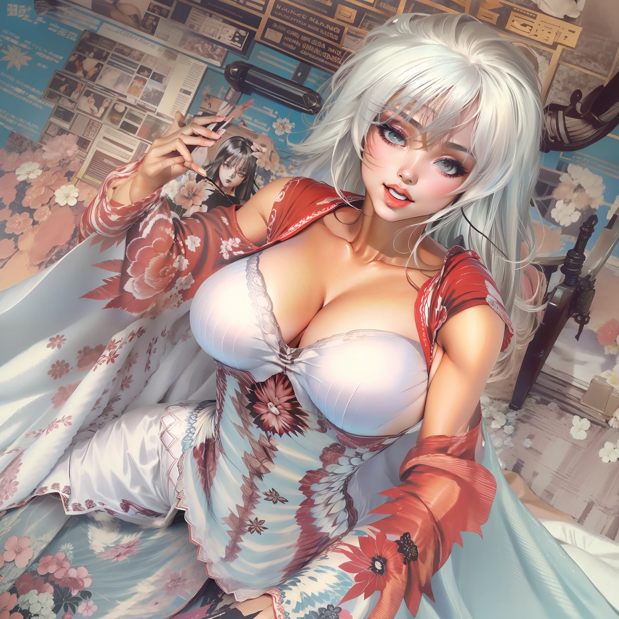 a close up of a woman in a dress with a large breast,((full body)) ((showing panty)) ((almost naked)), ((almost naked)), full color manga cover, style of masamune shirow, manga comic book cover, by Masamune Shirow, white haired deity, inspired by Masamune Shirow, doujin, japanese comic book, full color manga visual style, manga cover style, manga cover, ecchi