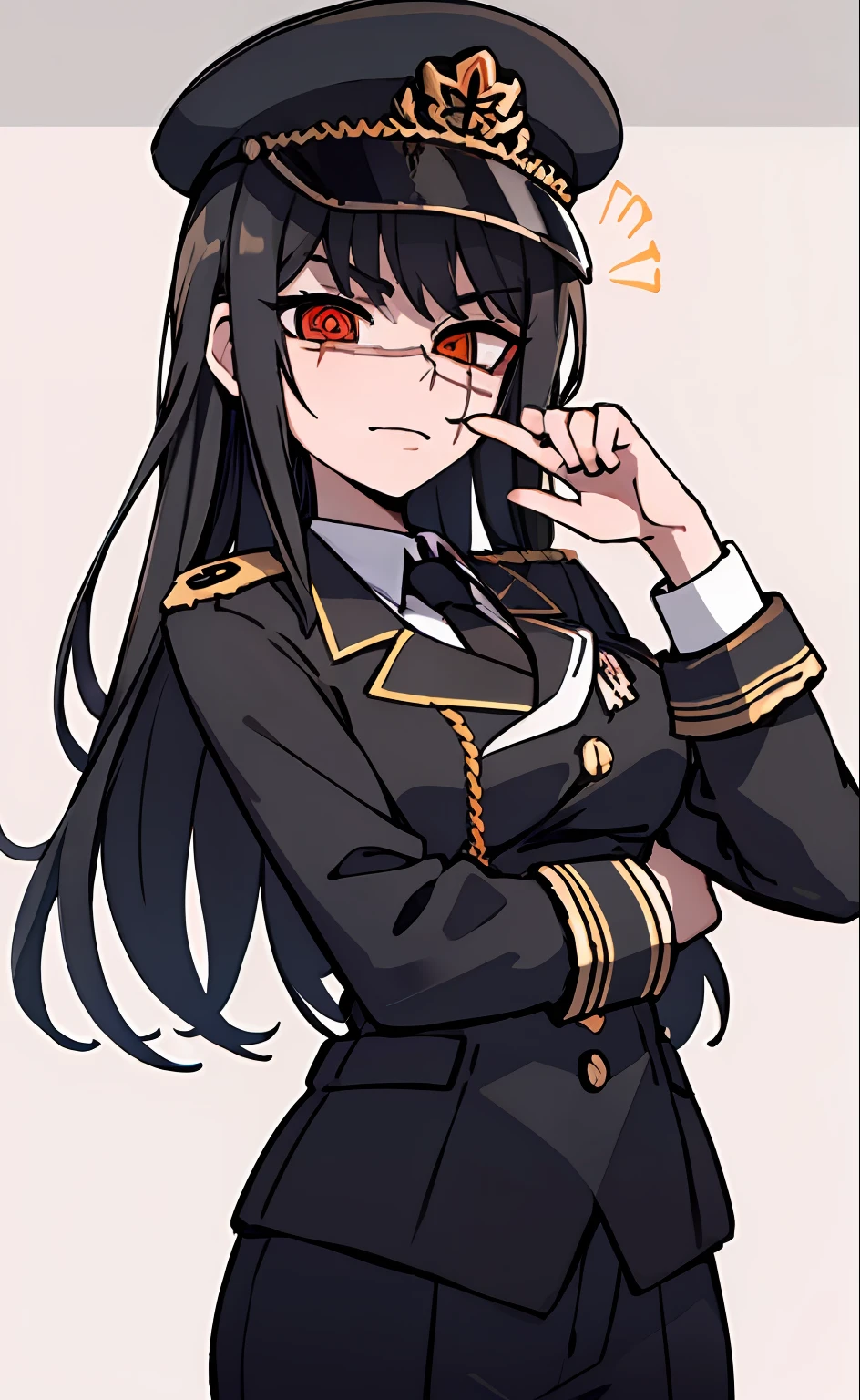 (masterpiece, best quality: 1.2), Solo, 1girl, Yoru \(Chainsaw Man\), looking at the viewer, different poses, red eye, long hair, completely black hair, reference to clothing of a German WWII general, black long sleeves (best quality), scar on face, beautiful eyes, has only 2 arms, has war medals on his clothes,  Black Military Cap, Golden Eagle Medal on Clothing, (Wallpaper), (8K HD), (8K HD), Golden Shoulder Pads, Sprites, 1 Single Design (obra maestra, mejor calidad: 1.2), Solo, 1girl, Yoru \(Chainsaw Man\), mirando al espectador, sonrisa, feliz, diferentes poses, ojo rojos, cabello largo, cabello completamente negro, reference to clothing of a German general from World War II, mangas largas negras (mejor calidad), cicatriz en la cara, hermosos ojos, tiene solo 2 brazos, tiene medallas de guerra en su ropa, Gorra militar negra, Golden Eagle Medal in Dress, (fondo de pantalla), (8K HD), (8K HD), hombreras doradas, sprites, 1 single design,poses cambiantes