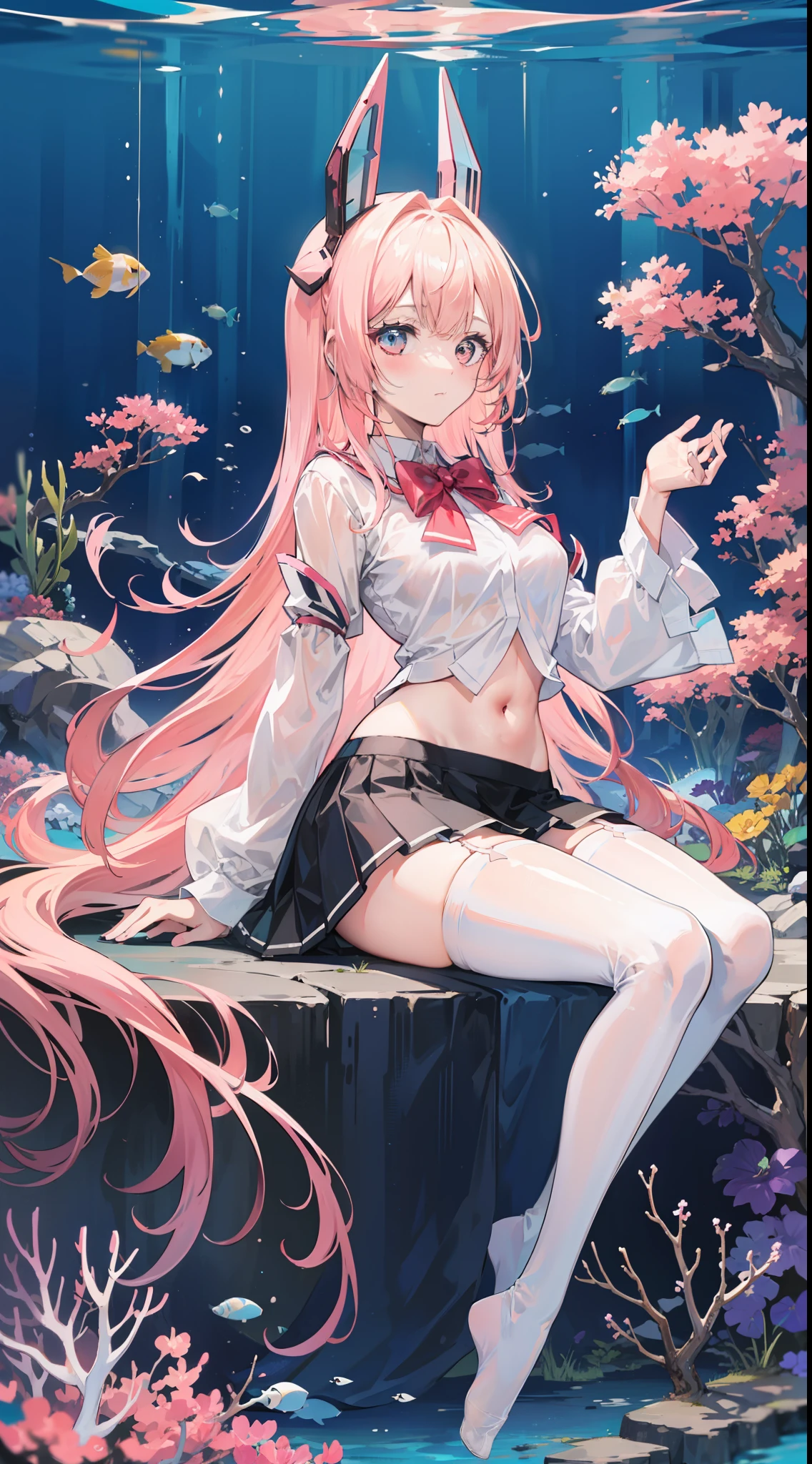 Masterpiece（（tmasterpiece）），（（White color blouse）），（（black micro skirt）），（（White transparent stockings）），（No shoes on），adolable，Raised sexy，is shy，（Long pink）Hair，red bowtie，（head gear），long leges，（At the bottom of the sea），Open navel