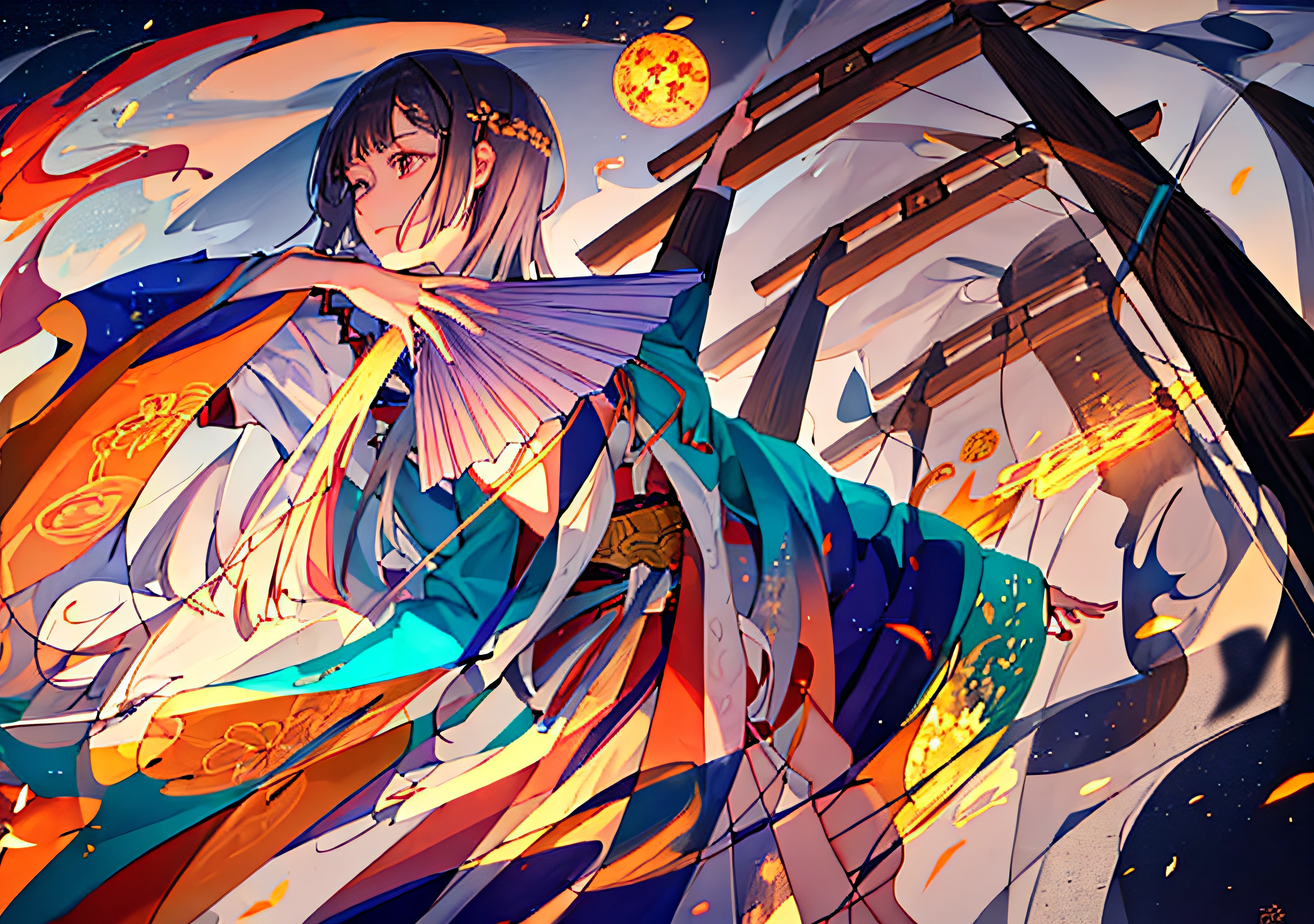 a drawing，A beautiful Japanese witch，Wearing a shrine witch costume，Dancing。Behind her is a shrine，The moonlight shines。A flame burned around her