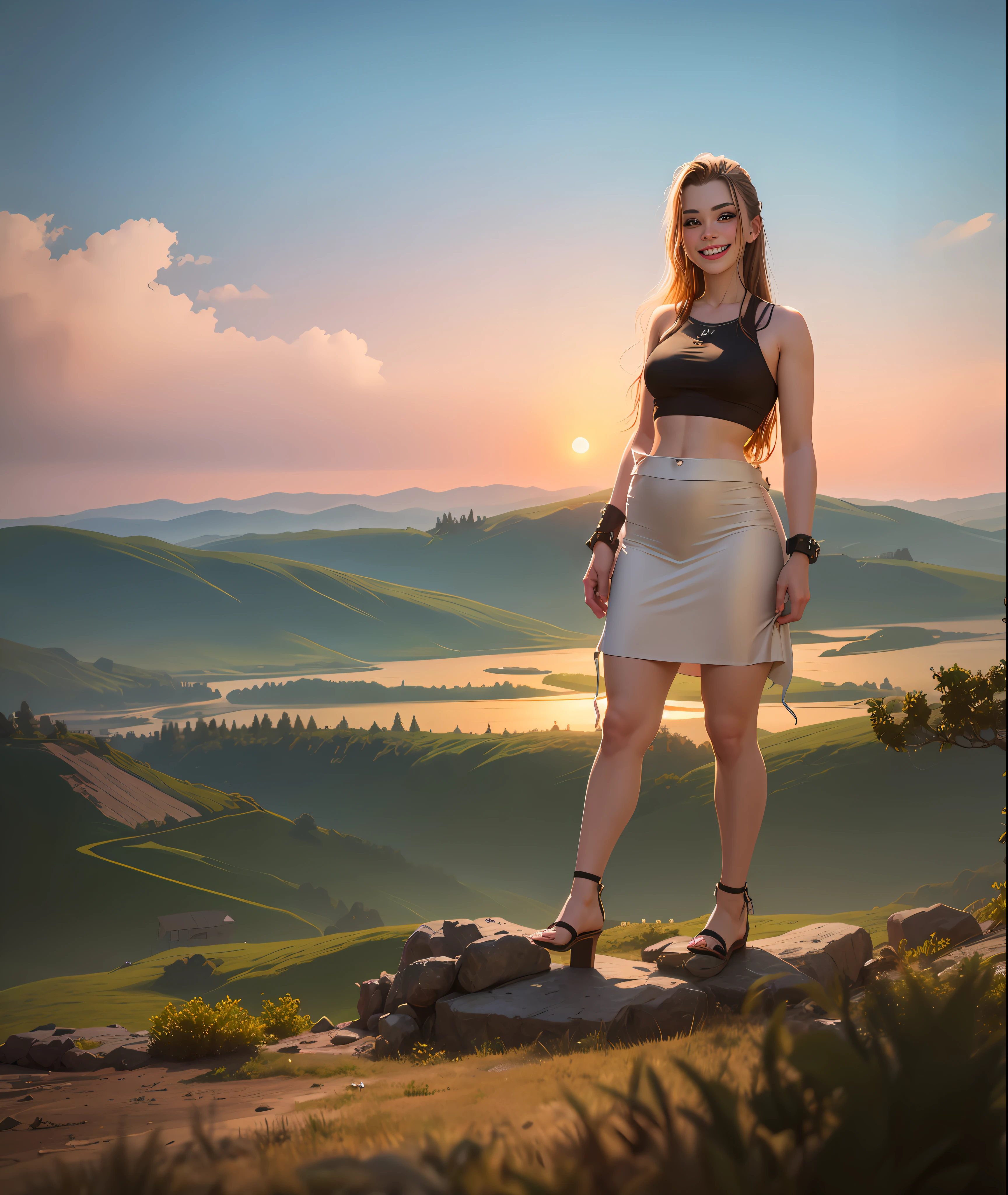 Brooke monk standing on a rock with a camera, giantess, highly detailed giantess shot, extremely detailed giantess shot, giantess shot, demencia, evil grin, looking at viewer, hands raised, cut out dress, sleeveless, dress,(((exposed midriff))),stomach, wearing a dress