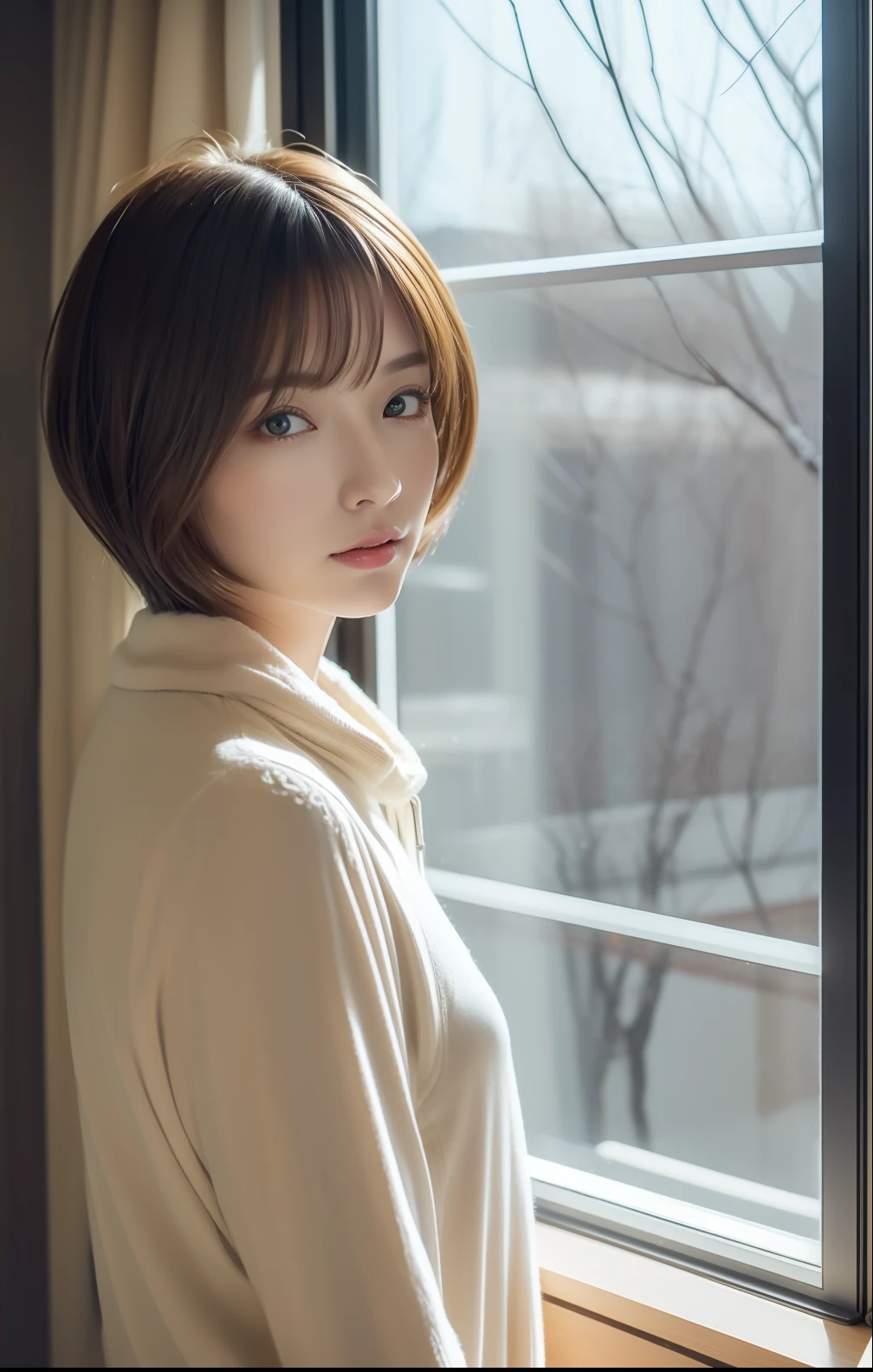 Winter view from the window、Warm room((top-quality、portlate、masterpiece、8K))、Wearing overexposed pajamas、perfect bodies、beautiful countenance、Delicat eyes、Short-cut hairstyles 、Women in Japan、High resolution full body pose、Highly detailed facial and skin texture