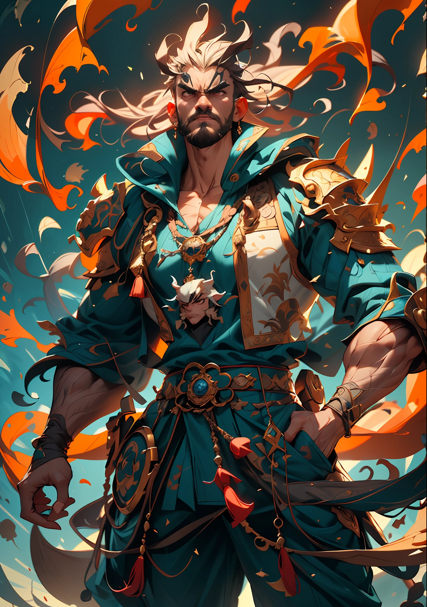 A middle-aged man with a powerful aura emanating from his entire body, his eyes wide open in anger, and his mouth roaring, He is dressed in a simple yet dignified blue-patterned cloth armor with a white base, This character design is reminiscent of Chinese martial arts heroes in Japanese anime, with finely crafted character design and a mature artistic style, ((character concept art)), full body character drawing, high definition, best quality, ultra-detailed, extremely delicate, anatomically correct, symmetrical face, extremely detailed eyes and face, high quality eyes, RAW photo, UHD, 8k, professional lighting, soft lighting, (masterpiece:2)
