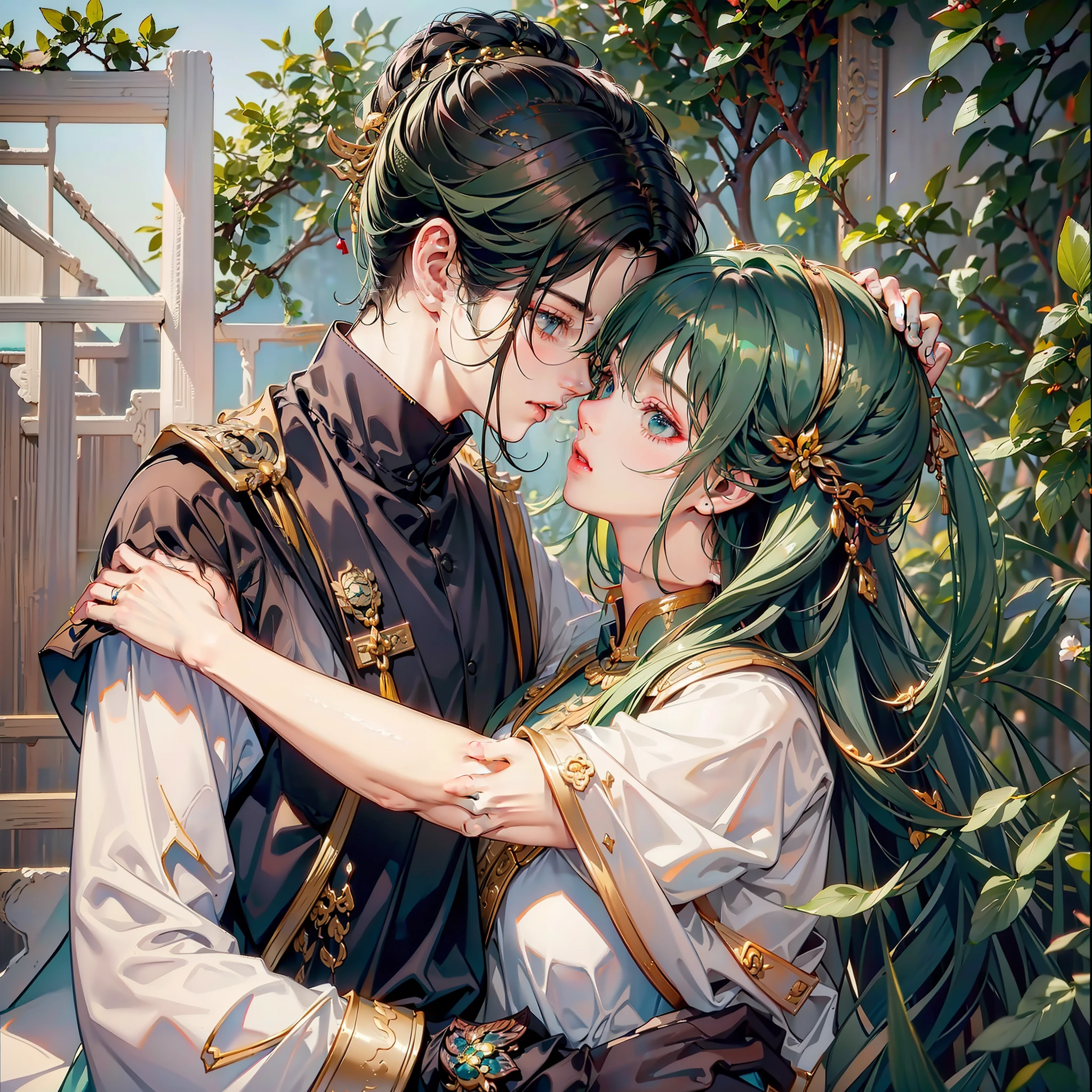 Excellent image quality，tmasterpiece，8K quality，couple，both sexes，Height difference，Girl with short white hair，Red low-necked dress。Boy with dark green hair，Black shirt，hugging eachother，Kiss，Gardenias bloom everywhere
