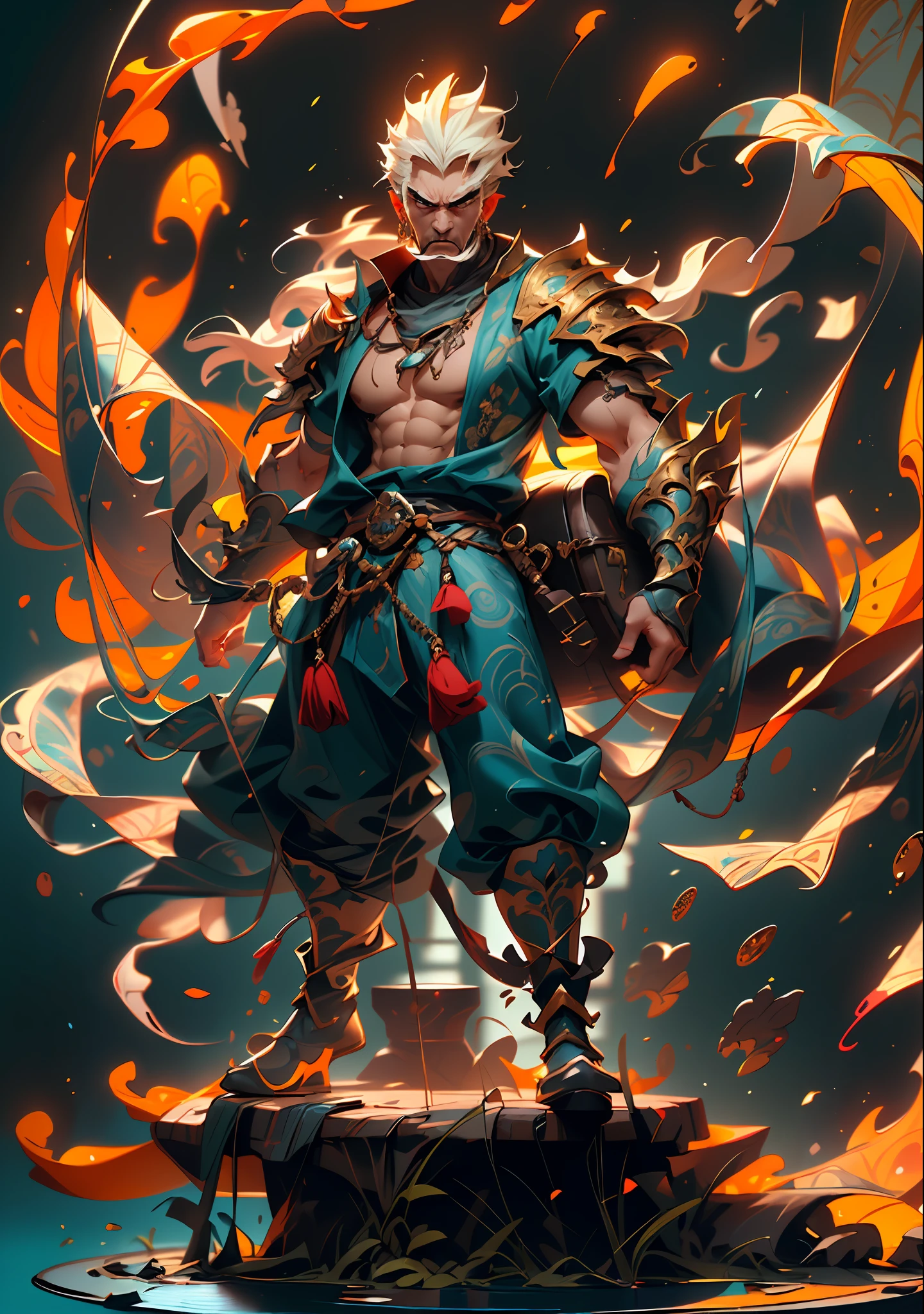 A middle-aged man with a powerful aura emanating from his entire body, his eyes wide open in anger, and his mouth roaring, He is dressed in a simple yet dignified blue-patterned cloth armor with a white base, This character design is reminiscent of Chinese martial arts heroes in Japanese anime, with finely crafted character design and a mature artistic style, ((character concept art)), full body character drawing, high definition, best quality, ultra-detailed, extremely delicate, anatomically correct, symmetrical face, extremely detailed eyes and face, high quality eyes, RAW photo, UHD, 8k, professional lighting, soft lighting, (masterpiece:2)