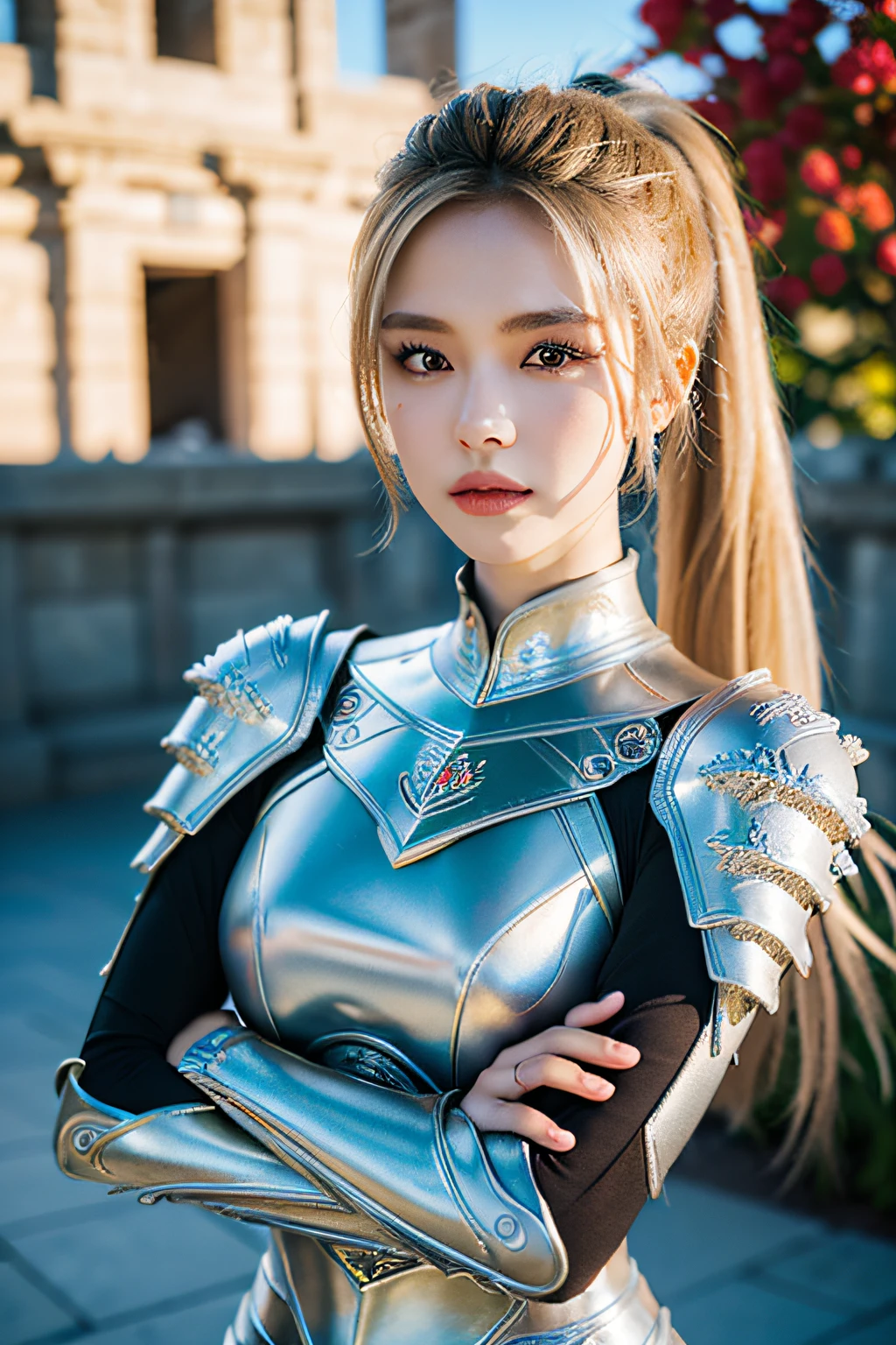 (8K, best quality:1.2), (masterpiece:1.37), (photo, photorealistic:1.37), (ultrahigh-res), half body, walking pose, shot from front, slow motion, female paladin wearing the full body, (light silver armour:1.2),(ornately decorated armor), (insanely detailed, bloom:1.5), (highest quality, Alessandro Casagrande, Greg Rutkowski, Sally Mann, concept art, 4k), (analog:1.2), (high sharpness), (detailed pupils:1.1), detailed face and eyes, Masterpiece, best quality, (highly detailed photo:1.1), (long blonde Hair, ponytail,ecstatic:1.1), (young woman:1.1), sharp, (perfect body:1.1), realistic, real shadow, 3d, (temple background:1.2), arms crossed over the chest
photographed by Canan EOS R6, 135mm, 1/1250s, f/2.8, ISO 400