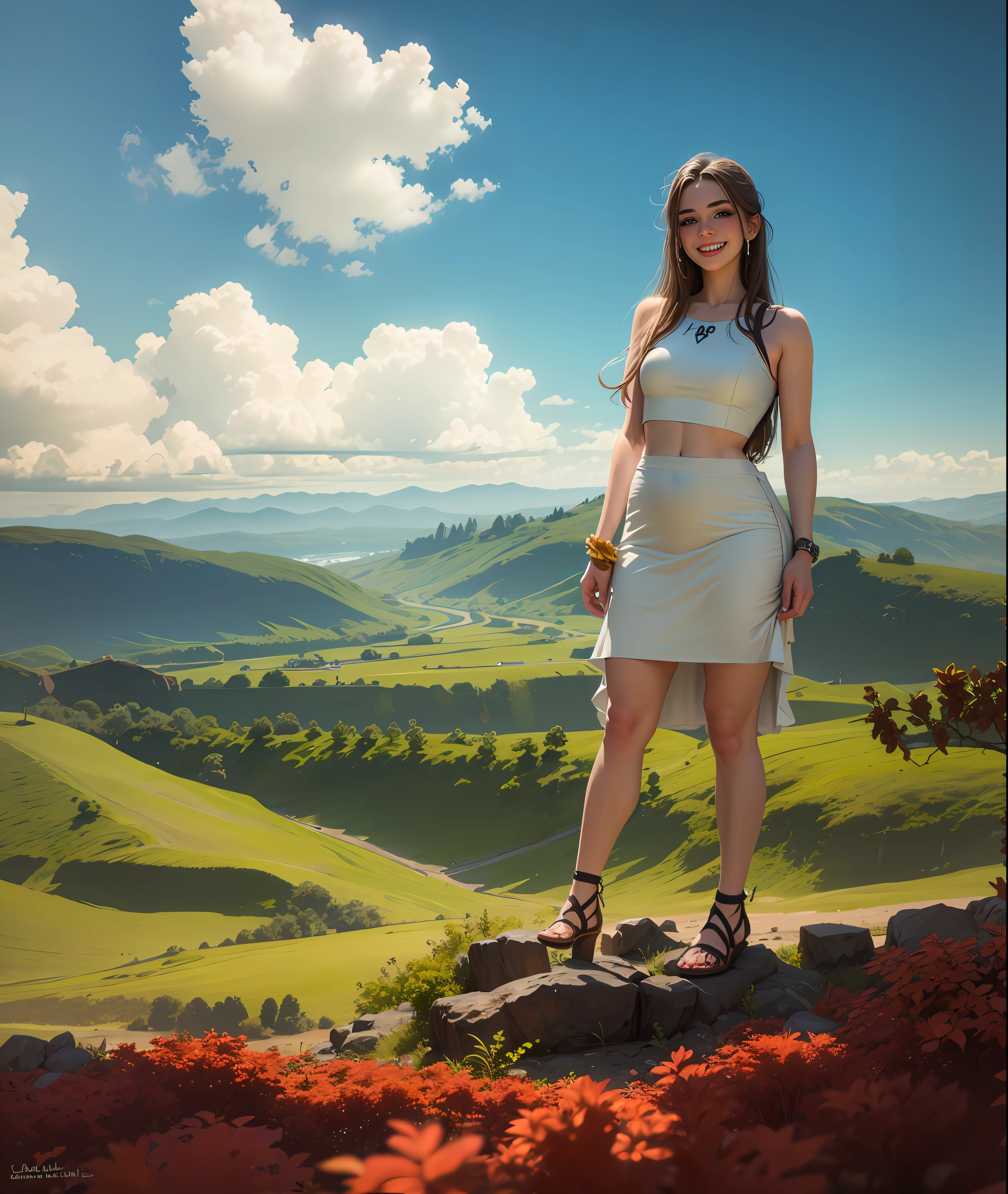 Brooke monk standing on a rock with a camera, giantess, highly detailed giantess shot, extremely detailed giantess shot, giantess shot, demencia, evil grin, looking at viewer, hands raised, cut out dress, sleeveless, dress,(((exposed midriff))),stomach, wearing a dress