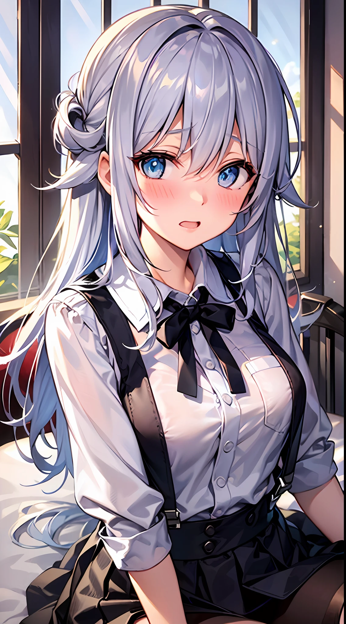 {Best Quality}, {ultra-detailliert}, {very detailed illustration}, silber hair, Aimei, embarrassed from，breastsout，red blush，Black tie，{Suspender Skirt}，suspenders，skirt by the，Casual clothing，a bed，Lateral view，Cool eyes，Prone，sprawl
