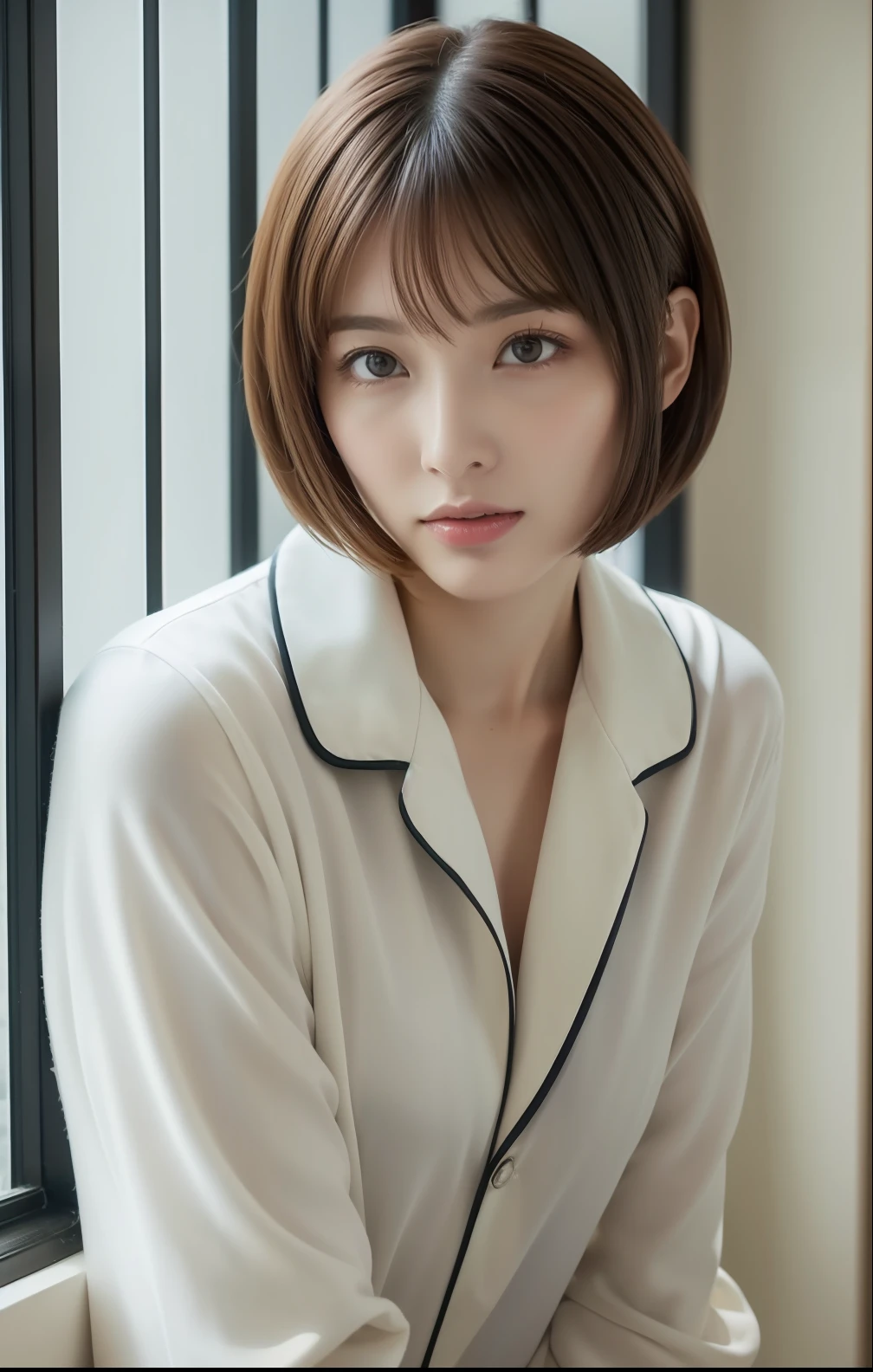 Winter view from the window、Warm room((top-quality、portlate、masterpiece、8K))、Wearing overexposed pajamas、perfect bodies、beautiful countenance、Delicat eyes、Short-cut hairstyles 、Women in Japan、High resolution full body pose、Highly detailed facial and skin texture